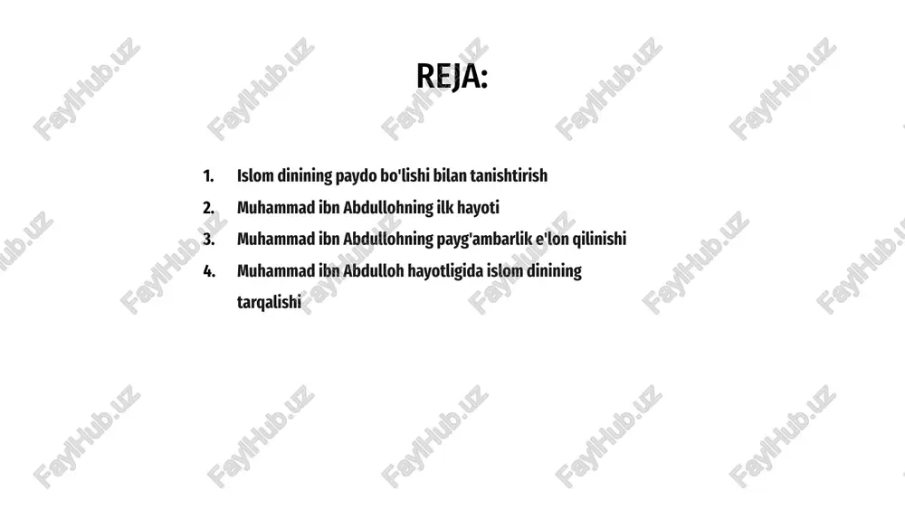 lashda uning kelib chiqishi va ilk hayotiga chuqurroq kirib borish juda muhimdir. 1 qur'on nozil bo'lishi, madinaga hijrat va birinchi musulmon jamoasining barpo etilishi kabi muhim voqealarni ta'kidlab o'ting. uning hayoti davomida islom dinining tarqalishi haqida gapiring. 3 muhammad ibn abdullohning yetakchilik xislatlari, ta’limotlari va uning xabarining jamiyatga ta’sirini ta’kidlang. islom dinining tez tarqalishiga sabab bo‘lgan dinga o‘tish va istilolarni tahlil qiling. 2 muhammad ibn abdulloh duch kelgan qiyinchiliklar a islom dinining paydo bo‘lishi va muhammad ibn abdulloh shaxsi haqida taqdimot tayyorlashda u duch kelgan muammolarni hal etish muhim ahamiyatga ega. b muhammad ibn abdulloh tavhidni targʻib qilganliklari va eʼtiqodlariga qarshi chiqqanliklari uchun makka rahbarlarining qarshilik va taʼqiblariga duch keldilar. c bu qiyinchiliklarga qaramay, muhammad ibn abdulloh islom da’vatini yoyish bo‘yicha o‘z missiyasida sobit bo‘ldi va pirovardida kuchli dindorlar jamoasini barpo etishga muvaffaq bo‘ldi. islomning paydo bo'lishi va muhammad ibn abdullohning shaxsiyati haqida taqdimot tayyorlash uchun qur'onning nozil bo'lishi va …