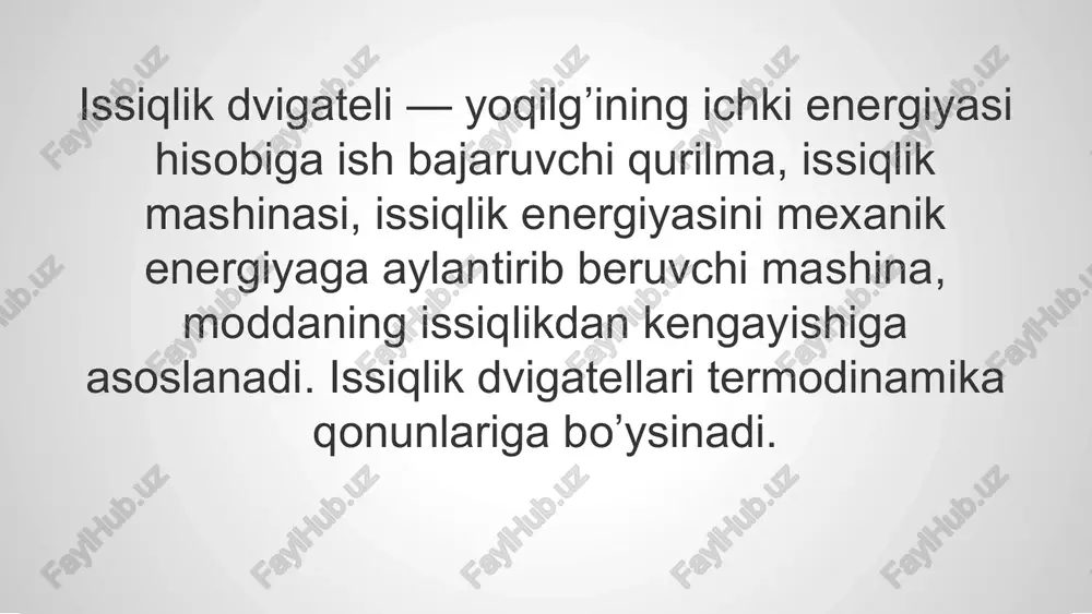 havoga yoqilg’ining purkalishi asosida ishlaydi. dizel dvigatellari dizel yoqilg’isi bilan ishlaydi. issiq havo bilan yondiriladi. reaktiv dvigatellar. reaktiv dvigatellar — yoqlg’ining potensial energiyasini kinetik energiyaga aylantirish orqali tortish kuchi harakatini hosil qilb beradi. reaktiv dvigatellarning ikkita turi mavjud: havo-reaktiv dvigateli — atmosferadan olingan kislorodni kislorodni yonishi asosida ishlaydi. bu dvigatelning ishchi jismi havo va boshqa moddalardan tayyorlangan aralashma bo’ladi. reaktiv dvigatellar — ishchi jismning barcha komponentalari bortda olib yuriladi, havosiz bo’shliqlarda ham ishlash qobiliyatiga ega bo’ladi. yoqilg’ini yondirish uchun havodagi kislorodga muhtoj bo’lmaydi. rotorli dvigatellar. gaz turbinalari gaz turbinalari – uzluksiz faoliyat ko’rsatadigan, kurakchali apparat bo’lib, siqilgan yoki qizdirilgan gazning energiyasini valning mexanik energiyasiga aylantirib beradi. vankel dvigateli. vankel dvigateli rotorli-porshenli ichki yonuv dvigateli bo’lib, 1957 yilda valter froydning nsu injenerlik kompaniyasi tomonidan yarailgan. feliks valter hammualliflik qilgan. bu dvigatel uch yoqli rotor(porshen)ning silindr ichida maxsus aylanishiga asoslanib ishlaydi. issiqlik dvigatellarisiz zamonaviy svilizatsiyani tasavvur qilib bo’lmaydi. ularsiz arzon elektr energiyaga …