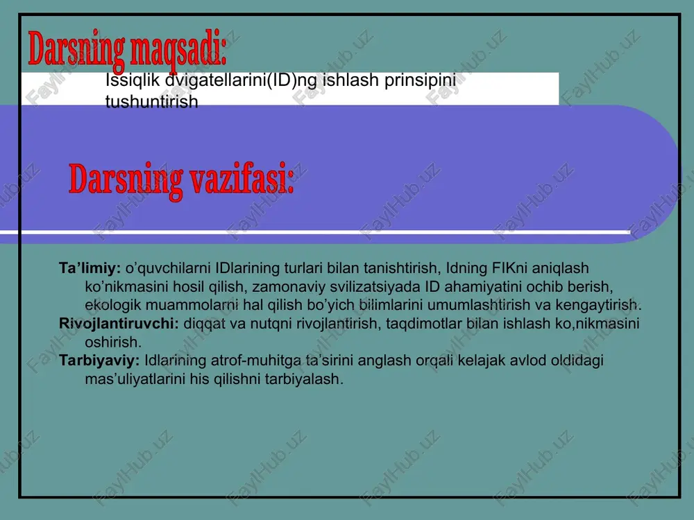 tish temperaturasi t2 – sovitish temperaturasi bug’ dvigatellari bug’ turbinalari ichki yonuv dvigateli dizel dvigatel gaz turbinalari reaktiv dvigatel id turlari fik: bug’ dvigatellari – 8% bug’ turbinalari – 40% gaz turbinalari – 25-30% ichki yonuv dvigatellari – 18-24% dizel dvigatellari – 40- 44% reaktiv dvigatellar – 25% foydalanish tavsiflari issiqlik dvigatellari va atrof-muhit muhofazasi id ning foydasi vazarari yutuqlari: iqtisodiy rivojlanishni imkoniyai katta qulay sharoit yaratiladi odamlar tez harakatlanishi ehtiyojini qondiradi kamchiliklari: atmosferani iflaslantiradi atrof-muhitning temperaturasini oshiradi tabiiy resurslarni tugatadi insoniyat sog’ligiga salbiy ta’sir ko’rsatadi muqobil dvigatellar 1.elektr dvigatellar 2.quyosh va shamol dvigatellari. ekologik muammolarni hal qilish yo’llari 1.muqobil yoqilg’i turlaridan foydalanish. 2.muqobil dvigatel turlaridan foydalanish. 3.atrof-muhitni sog’lomlashtirish. 4.ekologik madaniyatni tarbiyalash. test savollari javobi 1) 1 6) 1 2) 3 7) 2 3) 2 8) 2 4) 1 9) 4 5) 2 10) 3 refleksiya darsda men ishladim faol / passiv darsdagi o’z ishimdan qoniqdim / qoniqmadim dars men …
