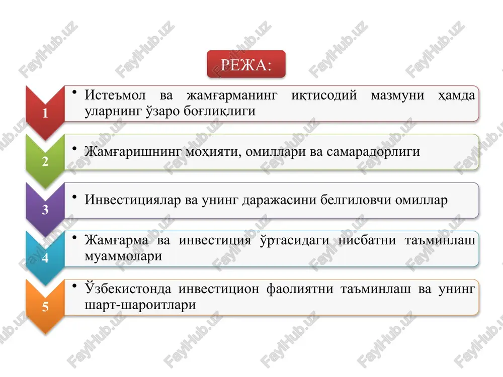 li, korxona (firma) va davlat joriy daromadlarining kelajakdagi ehtiyojlarini qondirish va daromad olish maqsadlarida to'planib borishi. y – barcha xo'jaliklar ixtiyoridagi daromad; c – iste'mol miqdori; s – jamg'arma miqdori. iste'mol va jamg'arma hajmi hamda unga ta'sir ko'rsatuvchi omillar o'rtasidagi bog'liqlik iste'mol va jamg'arma funktsiyasi deyiladi. klassik iqtisodchilar fikriga ko'ra iste'mol real foiz stavkasining pasayib boruvchi funktsiyasi hisoblanadi keyns fikriga ko'ra, iste'mol – uy xo'jaliklari joriy daromadlarining o'sib boruvchi funktsiyasi hisoblanadi: c0 s y y1 v e2 e0 f e1 0 iste'mol funktsiyasining grafikdagi tasviri s y y1 s=s(y) e0 e1 b 0 jamg'arma funktsiyasining grafikdagi tasviri iste'mol va jamg'arma hajmiga ta'sir ko'rsatuvchi ob'ektiv omillar 1 barcha xo'jaliklar tomonidan jamg'arilgan mol-mulk darajasi; 2 narxlar darajasi; 3 real foiz stavkalari; 4 iste'molchining qarzdorligi darajasi; 5 iste'molchilarni soliqqa tortish darajasi. iste'mol va jamg'arma hajmiga ta'sir ko'rsatuvchi sub'ektiv omillar 1 2 3 4 5 iste'mol va jamg'arishga bo'lgan moyillik, kelgusidagi narx, pul daromadlari, …