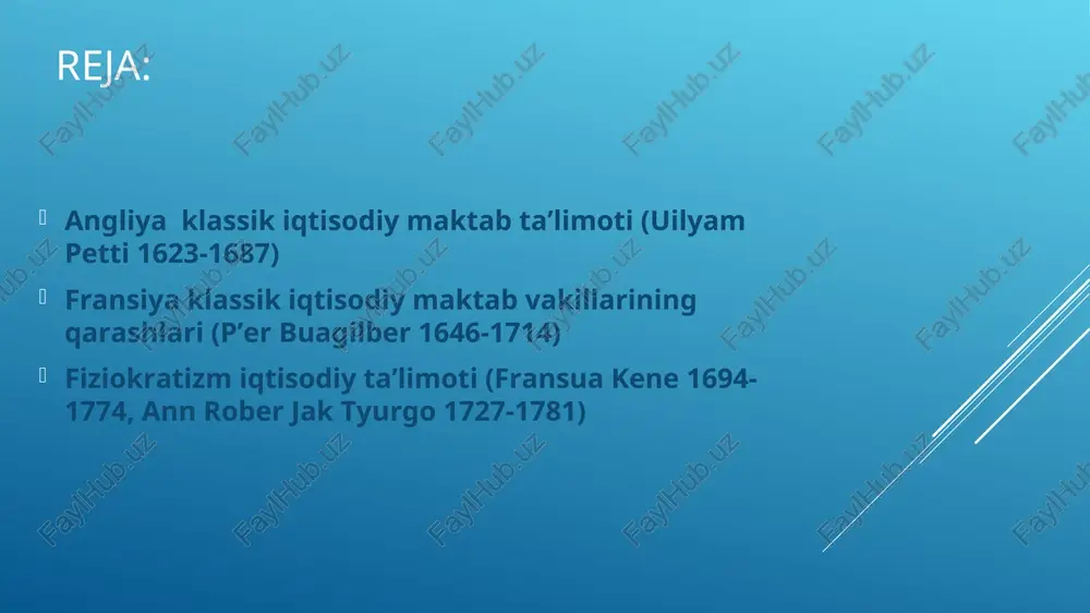 i to‘g‘risida fikr yuritiladi, uningcha, davlatning bunday xatti-harakati mamlakatga import tovarlarni olib kelishni man etish bilan bir xildir; pulning muomila vositasi sifatidagi roli talqin qilinadi, lekin tovar va pul bozorlari o‘rtasidagi o‘zaro bog‘liqlik inkor etiladi. qiymat nazariyasi u.petti qiymatni talqin qilishda ikki xil yondashuvga asoslanadi: - 1-yondashuv: tovar qiymati kumush qazib oluvchi mehnat bilan yaratiladi va uning “tabiiy bahosi” hisoblanadi. kumush qiymatiga tenglashtirilgan tovarlar qiymati tovarning “haqiqiy bozor qiymati” hisoblanadi. - 2-yondashuv: tovar qiymati mehnat va yer ishtirokida yarati-ladi (ko‘rinib turibdiki, har ikki yondashuv bo‘yicha tovar bahosi asosida sarfli mexanizm yotadi). ishchining daromadi sifatidagi ish haqi, bu mehnatga to‘lanadigan haq bo‘lib, uning darajasi ishchining va uning oilasining yashashi uchun zarur bo‘lgan vositalar minimumi bilan belgilanadi. yer egalarining daromadi sifatidagi renta bu, qishloq xo‘jaligida ishlab chiqarilgan mahsulot qiymati bilan uni ishlab chiqarishga ketgan xarajatlar o‘rtasidagi farq deb ko‘rsatiladi (bu renta to‘g‘risidagi birinchi qarash). yer uchastkasining bozorga uzoq–yaqinligiga bog‘liq bo‘lgan renta (bu …