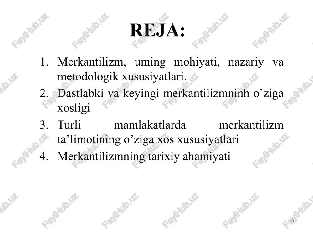 mas, balki faqat pul kapitalini tushungan; pul faqat qimmat metallardan (oltin, kumush) ishlangan qimmatbaho monetalardan iborat deb bilgan; chetga pul chiqarishni man etish, chetdan keladigan tovarlarga yuqori boj to'lovlarini o'rnatish talab qilingan; davlat iqtisodiy hodisa va jarayonlarning rivojlani-shiga, ayniqsa pul muomalasiga, eksport qilinadigan tovarlarga yuqori narxlarni o'rnatishga, importni har tomonlama cheklashga faol aralashuvi kerak, deb hisoblangan. dastlabki merkantilizm kontseptsiyasi mazmunini quyidagicha tavsiflash mumkin: 7 turli mamlakatlardagi merkantilizm ta'limotining vakillari uilyam stafford 1554-1612y tomas man 1571-1641y antuan monkreten 1575-1671y. jan batist kolber 1613-1683 jan lo 1671-1779y. gasparo skaruffi 1519-1584 8 a.monkreten tashqi savdoni millat hayotining maqsadi va mazmuni deb hisoblaydi; hukumatni o'z mamlakati savdogarlariga tashqi savdoda monopol huquq berishga chaqiradi; frantsiyaning iqtisodiy mavqeini mustahkamlash uchun mustamlakalarga egalik qilish zarurligini tashviqot–targ'ibot qiladi; tashqi bozorda sotish uchun tovar ishlab chiqaradigan milliy sanoatni rivojlantirish va yangi manufakturalarni tashkil etish taklifi bilan chiqadi. merkantilizm bilan birga siyosiy iqtisod tushunchasi ham kirib keldi. bu tushuncha frantsiyalik …