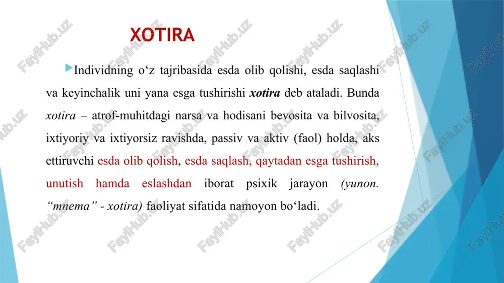 zlar uzoq vaqt inson ongida saqlanishi, mabodo ularning izlari yo‘qolib ketgan bo‘lsa ham, lekin hech qanday qiyinchiliksiz uning siymosi qayta tiklanishi mumkin ekan. tasavvur obrazlari xotiraning yanada murakkabroq turi bo‘lib, bunda eydetik obrazlarga qaraganda ancha boy bo‘lib, o‘ziga xos xususiyatlari bilan ajralib turadi. masalan, meva to‘g‘risidagi tasavvur obrazi uning tashqi ko‘rinishi (shakli, rangi, mazasi, og‘irligi, vazni)ni o‘zaro birlashtirib aks ettiradi. so‘z-mantiq xotirasi mazmunini fikr va mulohazalar, aniq hukm hamda xulosa chiqarishlar tashkil etib, ularni ifodalash faqat o‘zlashtirilayotgan materiallarning asosiy ma’nosini izohlash, talqin qilib berishga qaratilgan bo‘ladi. ixtiyoriy ixtiyorsiz xotira. qisqa muddatli, uzoq muddatli operativ xotira-u inson tomonidan bevosita amalga oshirilayotgan faol, tezkor harakatlar, usullar uchun xizmat qiluvchi jarayonni anglatuvchi mnemik holatdir. fenomenal-xotira tug‘ma qobiliyatlar bilan bevosita bog‘liq bo‘lib, bir vaqtning o‘zida nisbatan juda katta hajmdagi ma’lumotlarni esda olib qolish, saqlash va qayta esga tushirishdir. mnemik jarayonlar esda olib qolish ixtiyoriy ixtiyorsiz sensor mantiqiy mexanik harakat hissiy esda saqlash uzoq muddatli …