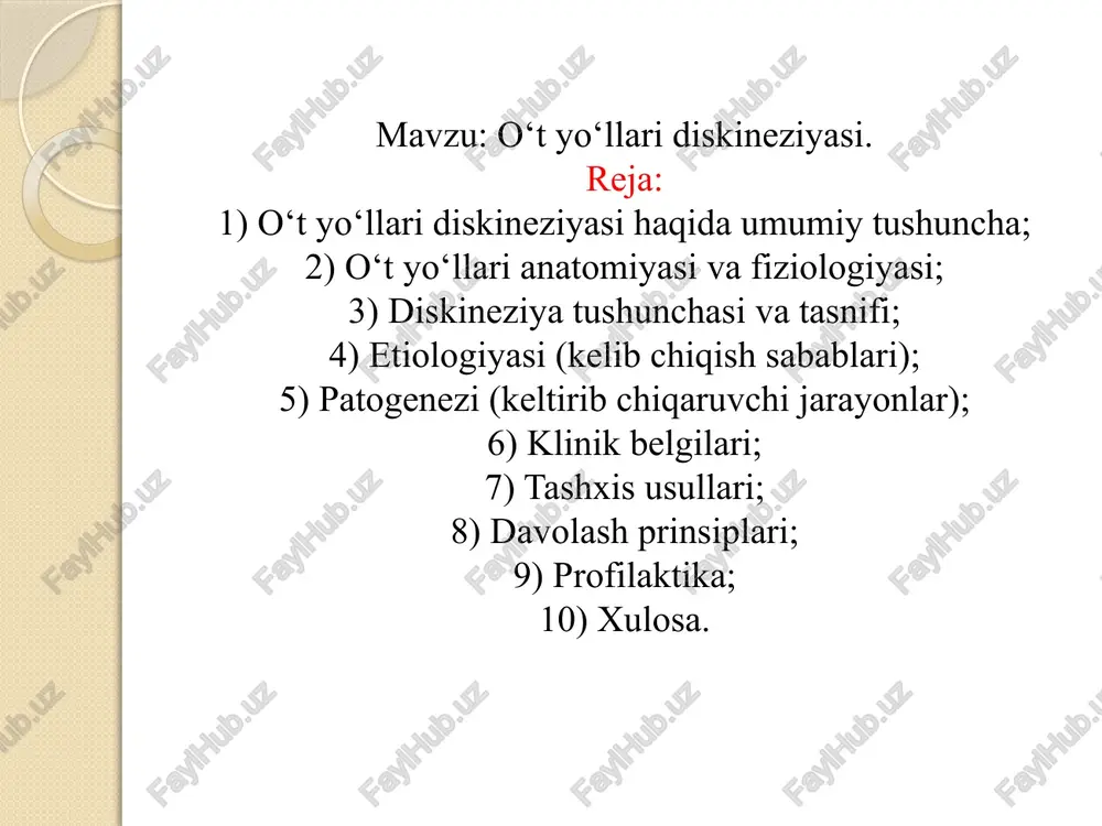 shadi. etiologiyasi (kelib chiqish sabablari) o‘t yo‘llari diskineziyasi turli omillar sababli rivojlanishi mumkin: psixovegetativ buzilishlar: stress, nevrozlar, emosional va psixologik zo‘riqishlar. gormonal disbalans: ayollarda homiladorlik, endokrin tizimning buzilishi. ovqatlanish buzilishlari: yog‘li, achchiq va qovurilgan ovqatlarni ko‘p iste’mol qilish. infektsiyalar: giardioz va boshqa parazitar kasalliklar. gipodinamiya: kam harakatlilik, jismoniy faollikning pasayishi. patogenezi (keltirib chiqaruvchi jarayonlar) o‘t yo‘llari diskineziyasi patologiyasining asosiy mexanizmi – oddi sfinkterining disfunktsiyasi yoki o‘t yo‘llarining koordinatsiyasining buzilishi. bu o‘tning ichakka vaqtida va to‘g‘ri miqdorda chiqmasligiga olib keladi, natijada ovqat hazm qilish jarayoni va hazm organlarining boshqa funksiyalari buziladi. klinik belgilari giperkinetik diskineziya: o‘ng qovurg‘a ostida og‘riq, ko‘ngil aynishi, ich ketishi. gipokinetik diskineziya: og‘irlik hissi, qorinning dam bo‘lishi, ich qotishi, ko‘ngil aynishi. apatitning yo‘qolishi, achchiq ta’m og‘izda. tashxis usullari klinik ko‘rik: bemorning simptomlariga asoslanadi. qon tahlillari: umumiy va biokimyoviy tahlillar o‘t yo‘llarining holatini ko‘rsatadi. ultrasonografiya (utt): o‘t pufagi va yo‘llarining holatini ko‘rsatuvchi diagnostika usuli. duodenal intubatsiya: 12 barmoqli ichakdan …
