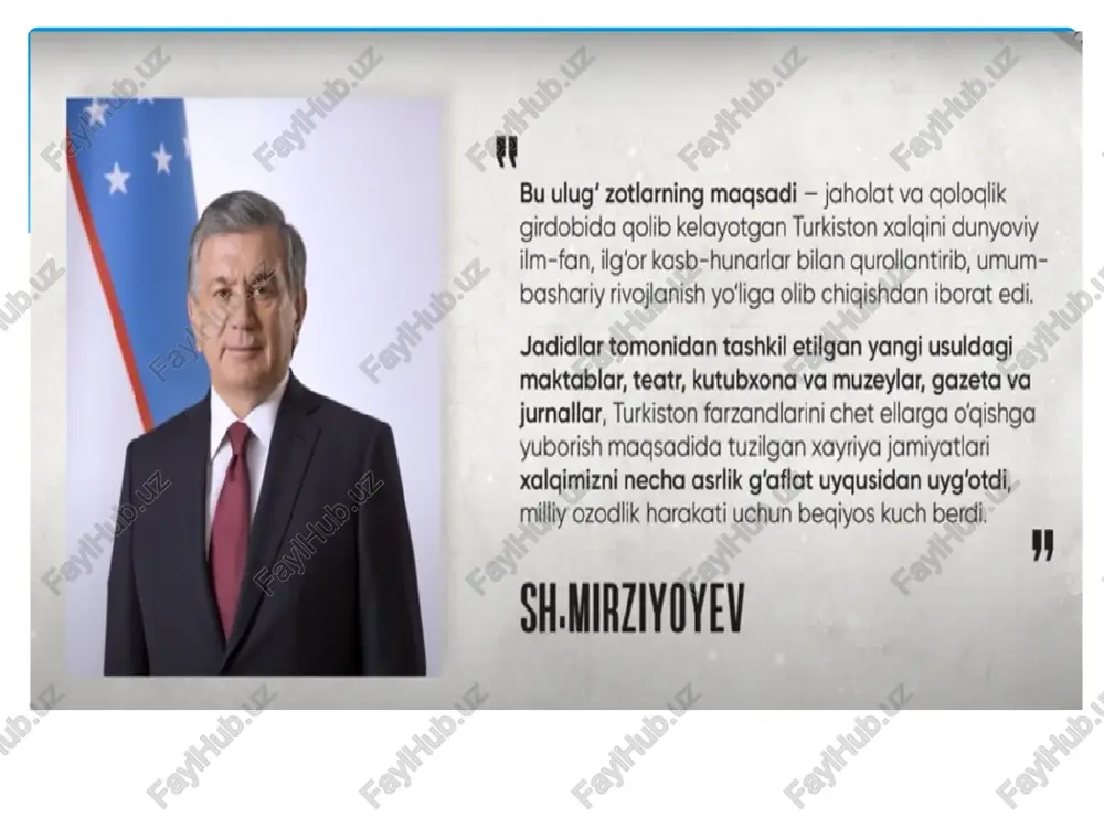loqlik deb kamsitishga. ular nimani yoqlashgan? 1. yaxshi ilm olishni; 2. zamonaviy muziqa, opera balet simfoniyalar va teatr; 3. zavod va fabrikalar atrofida shaharlashishni; 4. zamonaviy kiyinish (shlyapa¸ frak va kapalaknusxa galstuk taqib yurishgan); 5. xususiy mulkka asoslangan kapitalizm tizimini; 6. turk tilini; 7. millat boyligini sandiqlardan chiqariib banklar yordamida ishlatishni; 8. turkiston birligini. zamona odami qanday boʻlishi kerakligi haqida abdulla avloniy shunday yozadi: "amerikaliklar bir dona bugʻdoy ekub, yigirma qadoq bugʻdoy olurlar. ovrupolilar oʻzimizdan olgan 5 tiyinlik paxtamizni keturub, oʻzimizga yigirma besh tiyinga soturlar. ammo biz osiyolilar, xususan, turkistonlilar, dumba sotub, chandir chaynaymiz. qaymoq berib, sut oshiymiz, non oʻrniga kesak tishlaymiz! soʻzning qisqasi, hozirgi zamonga muvofiq kishi boʻlmak uchun ilm va maʼrifat ila iqtisod, insof, tuganmas saʼy(harakat), bitmas gʻayrat lozimdur..." . "turkiy guliston yoxud axloq" asaridan parcha. kishilar ilm-maʼrifatli boʻlsa ham boyib ketishi kafolatlanmagan. bu bugungi kunda ham aniq koʻrinib turgan narsadir. oʻqituvchilarimizning oyligi narida tursin, hatto jamiyatdagi obroʻsi …