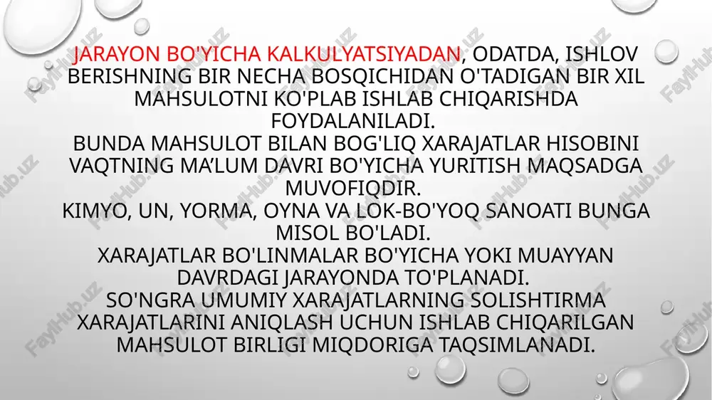 ahsulotga to 'g 'ri keladigan normativ xarajatlar quyidagi elementlardan iborat bo'ladi: - bevosita normativ moddiy xarajatlar; - bevosita moddiy xarajatlarning normativ miqdori; - normativ ish vaqti (bevosita mehnat haqi xarajatlari); - ish vaqtining me’yorlashtirilgan stavkasi; - o'zgaruvchan umumishlab chiqarish xarajatlarining normativ koeffitsiyenti; - doimiy umumishlab chiqarish xarajatlarining normativ koeffitsiyenti normativ usuldan muvaffaqiyatli foydalanish uchun quyidagi shartlar bajarilishi zarur: - resurslarning barcha turlari bo'yicha normativ asosini aniqlash; - normativ kalkulyatsiyalarni oldindan tuzish; - xarajatlarning kelib chiqish joylari, normalardan chetlanishlarning aybdorlari va normalar o'zgarishi sabablari bo'yicha ishlab chiqarish xarajatlarini qayd etuvchi birlamchi hujjatlarni ishlab chiqish; - har bir ishlab chiqish bo'linmasi va butun korxona bo'yicha mahsulot tannarxini shakllantirish ustidan o’rnatilgan nazorat natijasi bo'yicha tezkor boshqaruv qarorlarini qabul qilish va xulosalar chiqarish bo'yicha ishlarni tashkil etish. tannarxni kalkulyatsiya qilishning jarayonli usuli uziuksiz, bir necha bosqichdan iborat jarayonlar bo'yicha ko‘p miqdordagi mahsulotlar ishlab chiqaruvchi korxonalarda qo'llaniladi. bunda mahsulot tannarxini kalkulyatsiya qilish ikki usulda amalga …