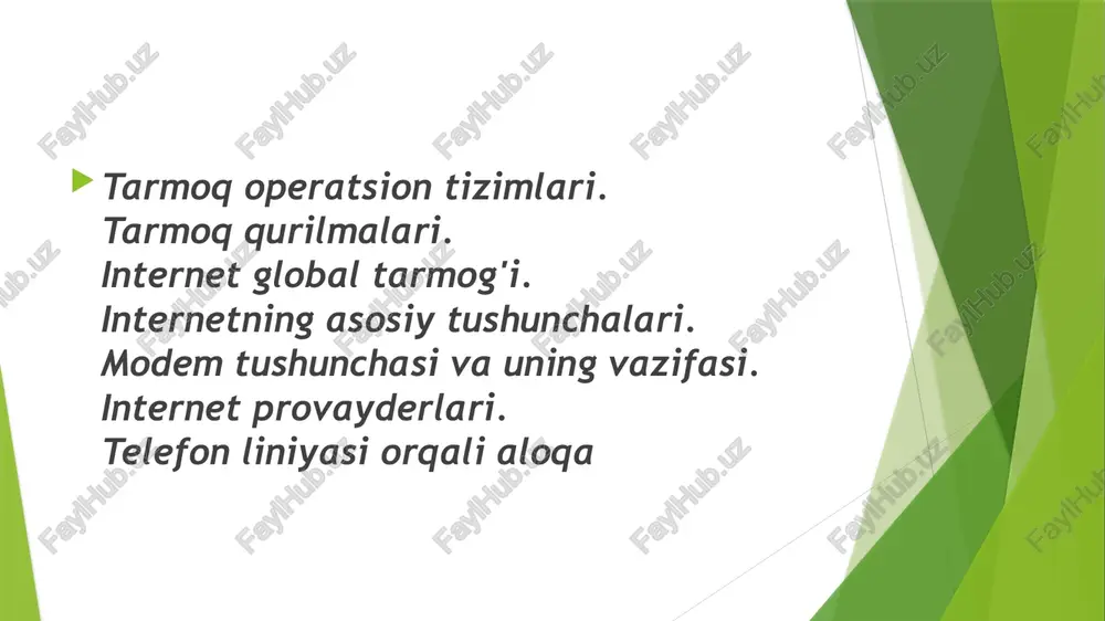 lari tarmoqlararo yoki tarmoq ichi bo'lishi mumkin. ba'zi qurilmalar qurilmaga o'rnatiladi, masalan nic karta yoki rj45 ulagichi, ba'zilari esa tarmoqning bir qismi, masalan, yo'riqnoma, kalit va boshqalar. keling, ushbu qurilmalarning ayrimlarini batafsil ko'rib chiqamiz . tarmoqda ishlatiladigan qurilmalar 2 ta asosiy turga bo‘linadi: 1. apparatli qurilma; 2. dasturiy qurilma. bu qurilmalarni asosiy vazifalari tarmoq orqali uzatilayotgan ma‘lumotlarni uzatish va qabul qilishdan iborat.bu qurilmalar quyidagilardir: - hub (uzatish signallarini kuchaytiruvchi va qayta ishlovchi); - bridge (ko‘prik); - router (marshrutizator); - switch (kommutator); - gateway (shlyuz); - modem. modem modem - bu kompyuterga telefon yoki kabel liniyalari orqali ma'lumotlarni yuborish yoki qabul qilish imkoniyatini beradigan qurilma. kompyuterda saqlanadigan ma'lumotlar raqamli, telefon liniyasi yoki kabel simlari faqat analog ma'lumotlarni uzatishi mumkin. router a yo'riqnoma bo'lgan tarmoq qatlami agar ikkala tarmoq bir xil protokollar to'plamini qo'llab-quvvatlasa, ma'lumotlarni bitta landan boshqasiga uzatuvchi apparat qurilmasi. shunday qilib a yo'riqnoma odatda kamida ikkita mahalliy tarmoqqa ulanadi va …
