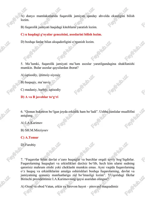 to‘g‘ri 6. “qonun hukmron bo‘lgan joyda erkinlik ham bo‘ladi”. ushbu jumlalar muallifini aniqlang. a) i.a.karimov b) sh.m.mirziyoev c) a.temur d) farobiy 7. “fuqarolar bilan davlat o‘zaro huquqlar va burchlar orqali uzviy bog‘liqdirlar. fuqarolarning huquqlari va erkinliklari daxlsiz bo‘lib, hech kim ularni sudning qarorisiz mahrum etishi yoki cheklashi mumkin emas. ayni vaqtda fuqarolarning o‘z huquq va erkinliklarini amalga oshirishlari boshqa fuqarolarning, davlat va jamiyatning qonuniy manfaatlariga zid bo‘lmasligi lozim”. yuqoridagi fikrlar birinchi prezidentimiz i.a.karimovning qaysi asaridan olingan? a) ozod va obod vatan, erkin va farovon hayot – pirovard maqsadimiz b) vatan sajdagoh kabi muqaddasdir c) inson manfaati, huquq va erkinliklarini ta’minlash, hayotimizning yanada erkin va obod bo‘lishiga erishish bizning bosh maqsadimizdir d) “ona yurtimiz baxtu iqboli va buyuk kelajagi yo‘lida xizmat qilish eng oliy saodatdir” 8. quyidagilardan bir-biriga mos javobni belgilang 1) fuqarolik jamiyati fanining predmeti 2) fuqarolik jamiyati fanining predmeti 3) fuqarolik jamiyati fanining ob’ekti a) fuqarolik jamiyatining shakllanishi, rivojlanishi, …