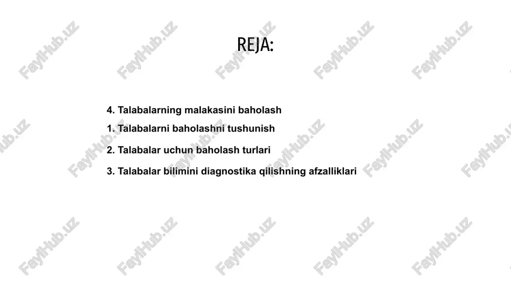 ini diagnostika qilish orqali o'qituvchilar har bir talabaning individual ta'lim uslubi va tezligiga yaxshiroq moslashish uchun o'zlarining ta'lim strategiyalarini moslashtirishlari mumkin. ushbu shaxsiylashtirilgan yondashuv o'quvchilarning faolligini va sinfdagi muvaffaqiyatini rag'batlantiradi. bundan tashqari, talabalar bilimini diagnostika qilish o'qituvchilarga o'z vaqtida yordam ko'rsatish va akademik qiyinchiliklarning oldini olish uchun choralar ko'rish imkonini beradi, natijada ta'lim natijalari va talabalarning umumiy samaradorligi yaxshilanadi. o‘quvchilarning bilim, ko‘nikma va malakalarini diagnostika qilish ularning turli fanlar bo‘yicha o‘zlashtirganliklarini, muammoni yechish qobiliyatlarini baholashni o‘z ichiga oladi. 01 o‘quvchilarning ko‘nikmalarini baholash ular o‘z bilimlarini real vaziyat va vazifalarda qanchalik qo‘llay olishlarini aniqlashda muhim ahamiyatga ega. 02 bu o'qituvchilarga o'quvchilarning ko'nikma va qobiliyatlarini yanada rivojlantirish uchun qo'shimcha yordam yoki qiyinchiliklarga muhtoj bo'lishi mumkin bo'lgan sohalarni aniqlashga yordam beradi. 03 4. talabalarning malakasini baholash 5. talabalar qobiliyatini baholash texnikasi talabalarning bilim, ko‘nikma va malakalarini diagnostika qilishda ularning kuchli va zaif tomonlarini to‘g‘ri baholash uchun turli usullardan foydalanish juda muhimdir. 02 ba'zi …