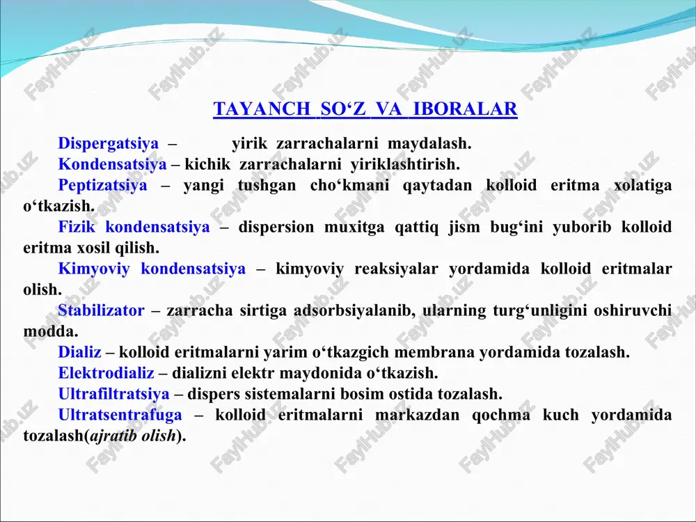 kkita muhim sharti bor: dispers faza dispers muhitda mumkin qadar kam eruvchan bo'lishi kerak; sistemada dispers faza va dispers muhitdan tashqari uchinchi modda – ya'ni stabilizator bo'lishi kerak. dispergatsiya usulida kolloid eritma olishning bir necha usullari mavjud: kolloid tegirmonlar yoki vibro-tegirmonlar yordamida maydalash metallarni elektr toki yordamida changlatish ultratovush yordamida maydalash peptizatsiya kolloid tegirmonlar yordamida maydalashda: tez-tez engil zarbalar beriladi zarbalar bevosita emas, balki suyuqlik orqali beriladi. kolloid eritmasi tayyorlanadigan modda - muhit va stabilizator bilan aralashtirilib, teshik orqali tegirmonga solinadi. o'qqa o'rnatilgan kurakcha yordamida aralashtiriladi. kurakcha minutiga 10.000 – 15.000 marta aylanadi. suyuqlik va qattiq modda zarrachalari juda tez harakatlanadi va harakatsiz teshiklarga kelib uriladi va maydalaniladi. tayyor bo'lgan kolloid eritma pastki teshikdan quyib olinadi. bu usulda bo'yoq, oltingugurt, grafit, kvarts va boshqa moddalarning kolloid eritmalari tayyorlanadi. kolloid tegirmon * obtaining disperse systems -grinding large sample substance to disperse particles sizes; dispersion methods * colloid mills allow to reach …