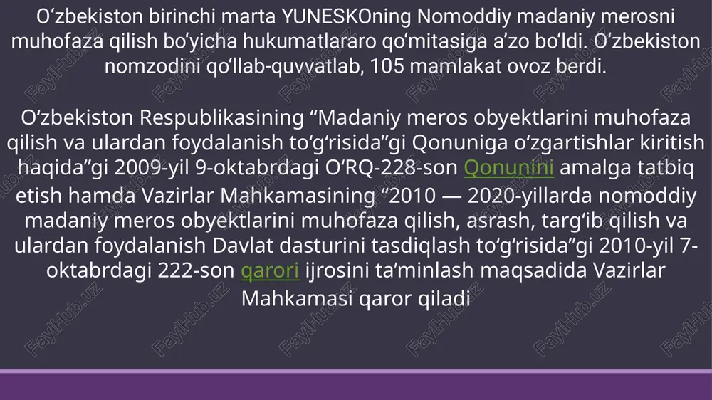 oʻzbekiston respublikasi ushbu konvensiyaga 2008-yilda qoʻshilgan. konvensiya doirasidagi yunesko insoniyatning nomoddiy madaniy merosi reprezentativ ro‘yxatiga yunesko ishlari bo‘yicha milliy komissiyasi kotibiyati tomonidan quyidagi 9 ta elemet kiritilgan va 2022 – 2023 yillar uchun yana yangi 7 ta element nomzodnoma hujjatlari tayyorlanib, ushbu ro‘yxatga kiritish uchun taqdim etilgan oʻzbekiston respublikasi bosh vazir oʻrinbosari - turizm va madaniy meros vaziri, yunyesko ishlari boʻyicha milliy komissiya raisi aziz abduhakimov boshchiligida oʻzbekiston respublikasining yuneskodagi doimiy vakolatxonasini sa'y-harakati bilan oʻzbekiston respublikasi nomoddiy madaniy merosni muhofaza qilish boʻyicha hukumatlararo qoʻmitaga 4 yilga (2022-2026) a'zo bo'ldi.davlatimiz rahbari tomonidan o'zbekistonda nomoddiy madaniy merosni qadrlash borasida olib borilayotgan islohotlar xalqaro maydonda o'z samarasini berdi. ta'kidlash kerakki, yuneskoning ikkinchi mintaqaviy saylov guruhida (sharqiy yevropa va mdhning ayrim davlatlari) ikkita bo‘sh o‘rin uchun beshta nomzod – o‘zbekiston, bolgariya, bosniya va gersegovina, slovakiya hamda estoniya o‘zaro kurash olib bordi bugungi kunda mamlakatimizda 8208 ta ko‘chmas moddiy madaniy meros ob’yekti mavjud bo‘lib, ulardan …