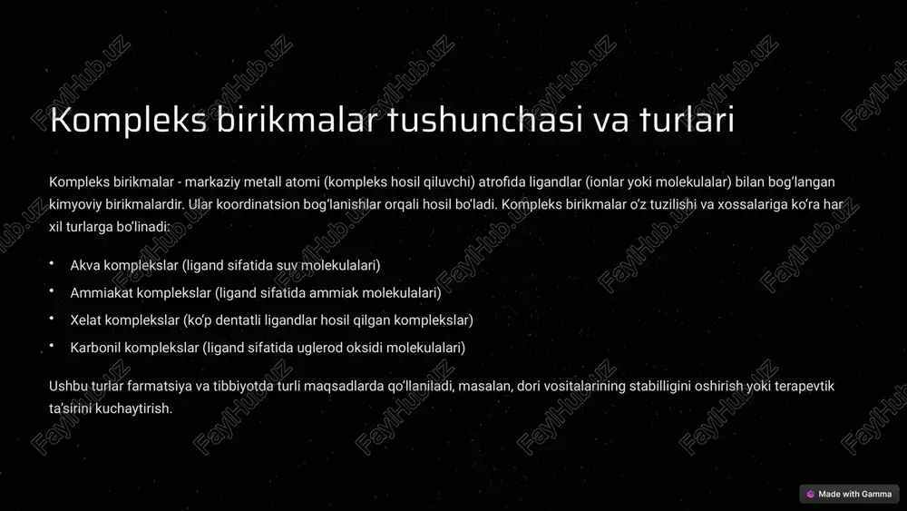 qarshi dori vositasi sifatida keng qo‘llaniladi. 3 kompleks birikmalarni olish usullari va texnologiyalari kompleks birikmalarni olish uchun turli xil usullar qo‘llaniladi. asosiy usullardan ba’zilari: metall tuzlari va ligandlarning bevosita reaksiyasi ligand almashinishi reaksiyalari elektrokimyoviy sintez usullari mikroto‘lqinli sintez texnologiyalari olish usuli kompleks birikmaning turlariga, stabilligiga va maqsadli qo‘llanilishiga qarab tanlanadi. zamonaviy texnologiyalar mahsulotning yuqori sifatli va toza bo‘lishini ta’minlaydi. 4 kompleks birikmalarning farmatsevtik preparatlar tarkibidagi roli kompleks birikmalar farmatsevtik preparatlar tarkibida muhim rol o‘ynaydi. ular quyidagi vazifalarni bajaradi: dori vositalarining biofarmatsevtik xossalarini yaxshilash dorilarning ta’sirini uzaytirish (prolongatsiya) maqsadli organ yoki to‘qimalarga dorilarni yetkazish nojo‘ya ta’sirlarni kamaytirish preparatlarning stabilligini oshirish kompleks birikmalar tarkibidagi metall ionlari katalitik ta’sir ko‘rsatishi yoki dorining terapevtik faolligini oshirishi mumkin. 5 kompleks birikmalar asosidagi dori vositalarining terapevtik ta’siri kompleks birikmalar asosidagi dori vositalari turli xil terapevtik ta’sirlarni ko‘rsatadi. bularga misollar: saratonga qarshi ta’sir (sisplatina, karboplatina) mikroblarga qarshi ta’sir (kumush nitrat kompleksi) yallig‘lanishga qarshi ta’sir (oltin birikmalari) antivirus …