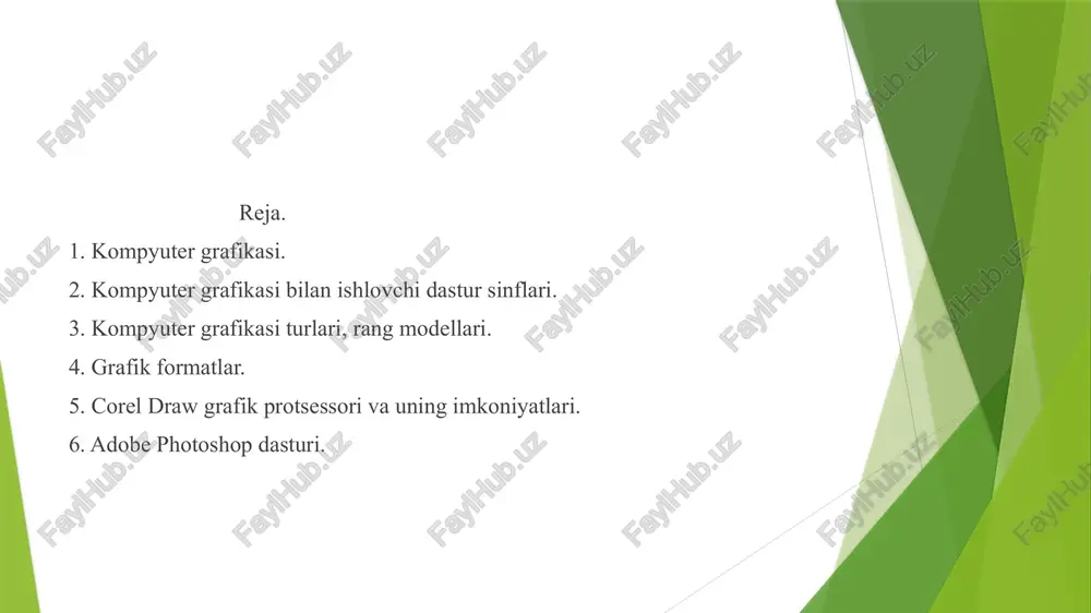 hamli va uch o’lchamli animatsiya dasturlari –adobe flash, 3d max; videotasvirlarni qayta ishlovchi komplekslar - adobe premier; ilmiy vizuallashtirish ishlarini bajaruvchi dasturlar – surfer, grapher, mapviewer, autocad. kompyuter grafikasining qo’llanish sohalari quyidagicha fil’m va mul’tiplikatsiyalarni ishlab chiqishda kompyuter o’yinlarini ishlab chiqarishda slaydlli taqdimotlar, kitob va jurnallar yaratishda sahifalarni tuzish va joylashtirish(page layout) «grafik taqdimotlar» («presentation graphics») rasim solish tizimlari (paint system) tasvirlarni qayta ishlash dastlabki tasvir qayta ishlangan tasvir arxitektura loyihalarida avtomatlashtirilgan loyihalashtirishlarda texnologik jarayonlarni boshqarishda ilmiy tadqiqot ishlarini avtomatlashtirishda kompyuter grafikasi turlari hozirgi kunda kompyuter grafikasi asosan uch turga bo’lib o’rganiladi: rastrli grafika; vektorli grafika; fraktal grafika. ular o’rtasidagi asosiy farq nurning displey ekranidan o’tish usulidan iborat. shuningdek ular bir-biridan monitor ekranida tasvirlanishi va qog`ozda bosib chiqarilishi bilan farqlanadi. eslab qoluvchi elektron-nurli trubkalarga ega vektorli qurilmalarda nur berilgan traektoriya bo’ylab bir marta chopib o’tadi, uning izi esa ekranda keyingi buyruq berilguncha saqlanib qoladi. vektorli grafikaning asosiy elementi – chiziqdir. …