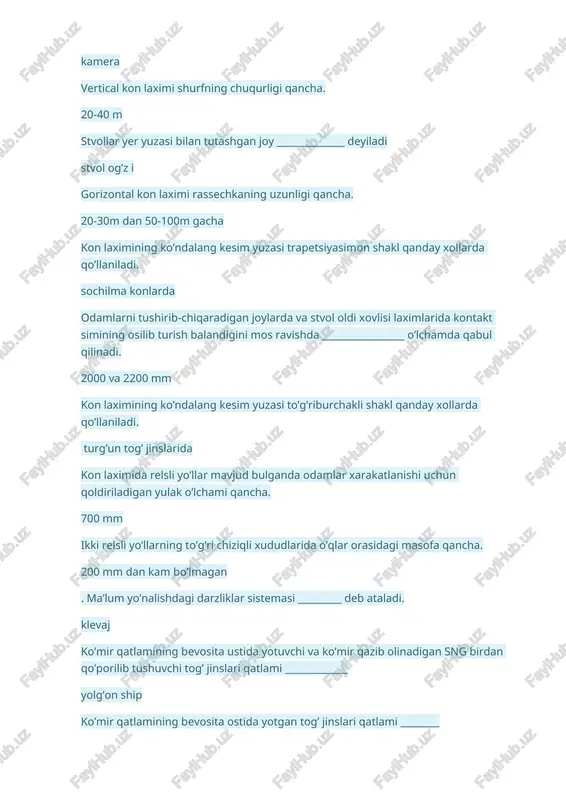 oldiriladigan yulak o’lchami qancha. 700 mm ikki relsli yo’llarning to’g’ri chiziqli xududlarida o’qlar orasidagi masofa qancha. 200 mm dan kam bo’lmagan . ma’lum yo’nalishdagi darzliklar sistemasi _________ deb ataladi. klevaj ko’mir qatlamining bevosita ustida yotuvchi va ko’mir qazib olinadigan sng birdan qo’porilib tushuvchi tog’ jinslari qatlami _____________ yolg’on ship ko’mir qatlamining bevosita ostida yotgan tog’ jinslari qatlami ________ bevosita zamin ko’mir qatlami ustida yotuvchi, bir necha qatordan iborat, katta maydonda osilib tura olmaydigan va mustaxkamlagichning oldinga surilishi bilan qo’poriladigan tog’ jinslari qatlami __________ bevosita ship bevosita ship ustida yotuvchi, qalin, mustaxkam va katta qadamlar bilan qo’poriladigan tog’ jinslari qatlami ________ asosiy ship yadroli portlashlar zanjirli reaksiyalar natijasida yadrolar bo‘linishi va yangi unsurlar paydo bo‘lishi bilan bog‘liq. portlashlar xarakteri va energiya manbalari bo’yicha _________ fizikaviy, kimyoviy va yadroviy modda yoki moddalar tizimi bir xolatdan boshqa holatga nihoyatda tez aylanib, moddadagi potensial energiya kinetic ishga o’tishi kuzatilsa _____ deb aytiladi. portlash kimyoviy …
