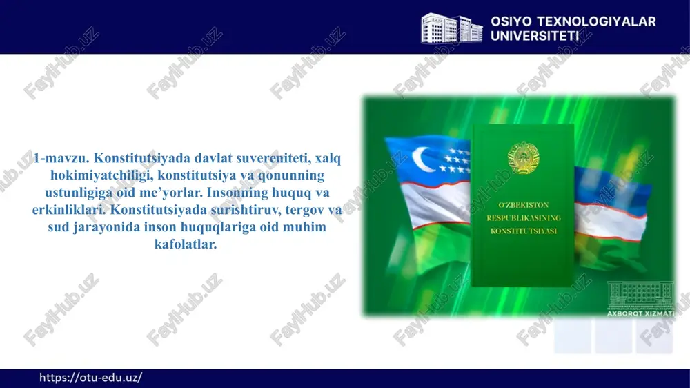 stitutsiyaviy tartibga solish hajmining keng qamrovliligi bilan tavsiflanadi, ya'ni u nihoyatda muhim va keng ko'lamdagi ijtimoiy munosabatlar doirasiga ta'sir ko'rsatadi: to'rtinchidan. konstitutsiya alohida yuridik xususiyatlarga ega, ya'ni boshqa qonunlardan ustunlikka, oliy yuridik kuchga, o'ziga xos muhofaza shakliga, maxsus tarzda qabul qilinish va o'zgartirilish tartibiga ega. 1,1. konstitutsiya so’zining mazmun mohiyati. konstitutsiyaning asosiy funksiyalari. konstitutsiyaning asosiy prinsiplari. yangi tahrirdagi konstitutsiyada xalq hokimiyatchiligiga oid huquqiy me'yorlar. konstitutsiyaning eng muhim funksiyalari siyosiy funksiyasi. konstitutsiya: jamiyat siyosiy tizimining huquqiy asoslarini mustahkamlaydi; siyosiy partiyalar, jamoat birlashmalarining davlat hokimiyati bilan munosabatlarini muvofiqlashtiradi; saylovlar va referendum kabi bevosita demokratiya institutlarini mustahkamlash orqali jamiyatda siyosiy barqarorlikni, fuqarolararo totuvlik, hamjihatlik va tinchlikni ta'minlaydi; davlat yuritadigan ichki va tashqi siyosatning asoslari va barcha muhim yo'nalishlarini aks ettiradi. yuridik funksiyasi. konstitutsiya yuridik mazmun va mohiyatga ega bo'lgan huquqiy hujjat bo’lib, davlatning asosiy qonuni sifatida butun huquqiy va qonunchilik tizimlarining o'zagini tashkil etadi, jamiyat va davlat hayotining, davlat organlari tashkil etilishi va …