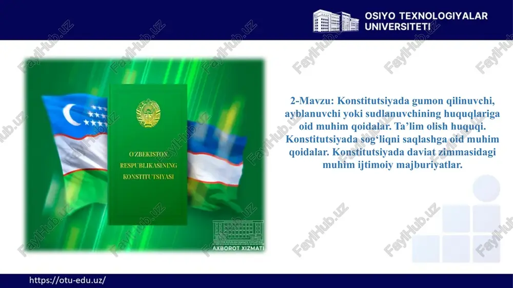 vchi, ayblanuvchi, sudlanuvchi, guvoh, miranda qoidasi, sukut saqlash huquqi. deklaratsiya, huquq, konstitutsiya, ta’lim to‘g‘risidagi qonun, inklyuziv ta ’lim, modernizatsiyalash, maktabgacha ta ’lim, umumiy o ‘rta ta’lim, savodxonlik, tarbiya, sog'lom turmush tarzi, tibbiyot, sog’liqni saqlash, tibbiy xizmat, davolash maskani, dori-vositalari, ijtimoiy yordam, jsst(jahon sog’liqni saqlash tashkiloti). 2.1. konstitutsiyada gumon qilinuvchi, ayblanuvchi yoki sudlanuvchining huquqlariga oid muhim qoidalar inson huquqlari himoyasiga oid normalar. shaxsning sukut saqlash huquqi. shaxsni ushlab turish chog'ida unga huquqlari va ushlab turish asoslarining tushuntirilishi “miranda qoidasi”. davlatimiz rahbari 2022-yil 20-iyunda konstitutsiyaviy komissiya a'zolari bilan uchrashuvdagi nutqida ta'kidlaganidek: “prezident xalq qabulxonalariga kelayotgan ko'plab murojaatlar tahlili shuni ko'rsatmoqdaki, huquq-tartibot organlari tomonidan shaxs qo'lga olinganida, u nima uchun ushlangani va qanday huquqlarga ega ekani tushuntirilmaydi. bunday holatlarning oldini olish maqsadida ko'plab davlatlarning konstitutsiya va qonunlarida hamda inson huquqlariga oid xalqaro hujjatlarda aks ettirilgan “miranda qoidasi”ni qo’llash lozim. “miranda qoidasi”ning konstitutsiyaviy mustahkamlanishi jinoyat ishi xolis tergov qilinishi va tergov organlari tomonidan har …