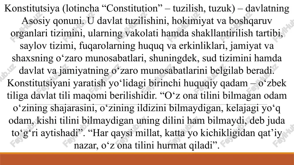 oʻzbekistonning birinchi konstitutsiyasini yaratish gʻoyasi ilk bor 1990-yil 20-iyunda boʻlib oʻtgan mamlakat oliy kengashining 2-sessiyasida ilgari surilgan. ushbu sessiya prezident islom karimov raisligida 64 kishidan iborat konstitutsiyaviy komissiyani tuzish toʻgʻrisida qaror qabul qilgan. uning tarkibiga deputatlar, qoraqalpogʻiston respublikasi va viloyatlarning vakillari, davlat hamda jamoat birlashmalari, korxonalar va xoʻjaliklarning rahbarlari, huquqshunos olimlar va mutaxassislar kirgan. oliy kengashning 10-sessiyasida komissiya tarkibi qisman yangilangan. komissiya ishlab chiqqan loyiha matbuotda eʼlon qilinib, keng muhokama etilgan. konstitutsiyaviy komissiya umumxalq muhokamasi yakunlarini koʻrib, loyihani tuzatib va maʼqullab oliy kengash sessiyasida koʻrib chiqishga tavsiya qilgan. loyiha oliy kengash sessiyasida ham moddama-modda muhokama etilgandan soʻng qabul qilingan. oʻzbekiston respublikasining konstitutsiyasi muqaddima, 6 boʻlim, 27 bob, 155 moddadan iborat[4]. 1-boʻlim (i-iv bob, 1-4-moddalar) „asosiy prinsiplar“ deb nomlangan. 2-boʻlim (v-xi bob, 19-64-moddalar) „inson va fuqarolarning asosiy huquqlari, erkinliklari va burchlari“ deb ataladi. 3-boʻlim (xii-xv bob, 65-82-moddalar) „jamiyat va shaxs“ deb ataladi. 4-boʻlim (xvi-xvii bob, 83-90-moddalar) „maʼmuriy-hududiy va davlat tuzilishi“ deb …