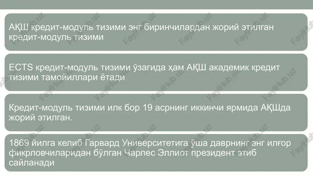 2.7 b- 77-79 2.3 c+ 73-76 2.0 c 70-72 1.7 c- 67-69 1.3 d+ 65-66 1.0 d 60-64 1.0 d- 59 or below 0.0 f gpa baholash tizimi gpa (grade point average) quyidagi formula yordamida hisoblanadi: gpa = b1 × k1 + b2 × k2 + … / (k1 + k2 + …) , bunda: b1, b2 – fanlar bo'yicha raqamlarda ifodalangan yakuniy baholar; k1, k2 – fanga ajratilgan sinov birliklari miqdori (kreditlar); talaba 1 kursdagi 10 ta fandan 8 tasidan qoniqarli baho (3) olib o'tganda uning gpasi ko'rsatilgan fanlar kredit baho kredit * baho fan1 6 3 18 fan2 6 0 0 fan3 6 0 0 fan4 6 3 18 fan5 6 3 18 fan6 6 3 18 fan7 6 3 18 fan8 6 3 18 fan9 6 3 18 fan10 6 3 18 kredit * baho yig'indisi 144 kredit * baho yig'indisi /jami kreditlar soni 2,4 talaba 1 …
