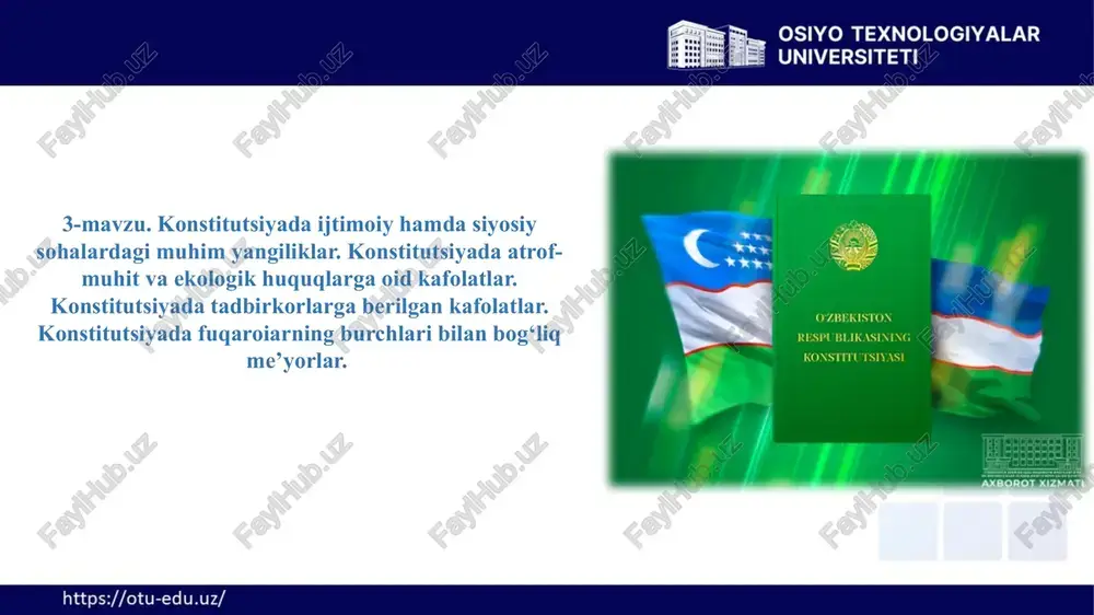 ing ijtimoiy sohadagi huquqlari. fuqarolarning davlat xizmatiga kirishdagi huquqlari. fuqarolarning qonunchilik tashabbusi huquqlari. fuqarolarning siyosiy sohadagi huquqlari. mamlakatimiz konstitutsiyasi dunyo hamjamiyatida o'zining umuminsoniy qadriyatlarga sodiq ekanligini, insonning eng oliy qadriyat sifatida talqin etilishi bilan o'z o'rniga ega. konstitutsiyamizning barcha g'oyalari, avvalo, inson va fuqarolar huquq va erkinliklarini himoya qilishga qaratilgan bo’lib, davlatning roli ushbu huquq va erkinliklarini ta'minlashda aks etadi. yurtimizda inson huquqlarini himoya qilish bo‘yicha keng qamrovli ishlar amalga oshirilmoqda. fuqarolarning huquqlari va erkinliklari o‘zbekiston respublikasi konstitutsiyasi bilan mustahkamlab qo‘yilgan. konstitutsiyada insonning huquq va erkinliklari yashash huquqidan boshlanadi. hayot oliy qadriyat hisoblanib, insonning hayotiga daxl qi- lishga hech kimning haqqi yo‘q. 3.1. fuqarolarning ijtimoiy sohadagi huquqlari. fuqarolarning davlat xizmatiga kirishdagi huquqlari. fuqarolarning qonunchilik tashabbusi huquqlari. fuqarolarning siyosiy sohadagi huquqlari. hozirda inson huquqlari har bir demokratik davlat siyosatida muhim o‘ringa ega. nega deganda, inson - bu shaxs, huquq nazariyasi bo‘yicha - bu jismoniy shaxs hisoblanib, har bir demokratik davlat uning …
