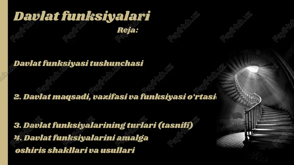 zorat). tashkiliy-xo‘jalik faoliyati (ta’minot, statistika, buxgalteriya ishlari). tashkiliy-mafkuraviy faoliyat (aholiga murojaat, hujjatlarni tushuntirish). davlat funksiyalarini amalga oshirish usullari ishontirish — fuqarolarni ongli ravishda qonunlarga rioya etishga undash. majburlash — zarur hollarda kuch ishlatish, jazolash orqali tartib o‘rnatish. rag‘batlantirish — foydali faoliyatni qo‘llab-quvvatlash. tavsiya — ijobiy harakatlarni tavsiya qilish. xulosa davlat funksiyalari — bu davlatning jamiyat oldidagi vazifalarini bajarishga qaratilgan asosiy faoliyat yo‘nalishlaridir. ular orqali davlat tartib, barqarorlik va taraqqiyotni ta’minlaydi. davlat funksiyalari zamon bilan birga rivojlanib, yangilanib boradi. eʼtiboringiz uchun tashakkur !!! image1.jpeg image2.jpeg image3.jpeg image4.png image7.svg image5.jpeg image6.jpeg image7.png image11.svg image8.jpeg image9.jpeg /docprops/thumbnail.jpeg