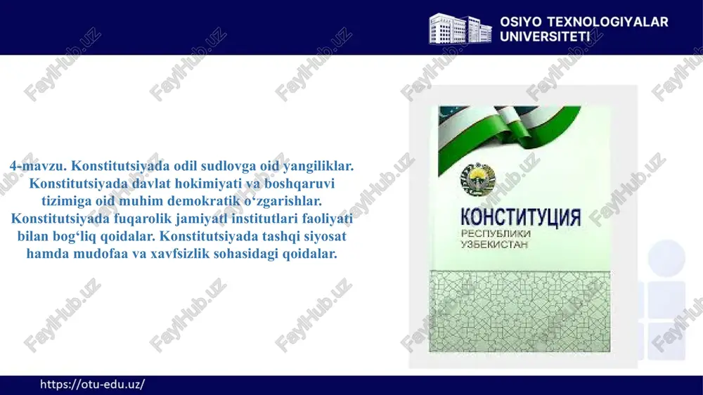 ta’lim, savodxonlik, tarbiya, sog'lom turmush tarzi, tibbiyot, sog’liqni saqlash, tibbiy xizmat, davolash maskani, dori-vositalari, ijtimoiy yordam, jsst(jahon sog’liqni saqlash tashkiloti). 4.1. odil sudlovni amalga oshirishning konstitutsiyaviy asoslari. yangi tahrirdagi konstitutsiyada sudyalar vakolatlarining belgilanishi va fuqarolar huquqining ta'minlanishi yangi o'zbekistonda har bir sohada adolat va qonun ustuvorligini ta'minlash, inson qadrini yuksaltirish, uning huquqlari va qonuniy manfaatlarini himoya qilish, sud tizimida odillik va shaffoflik mezonlarini yanada mustahkamlash - amalga oshirilayotgan islohotlardan ko'zlangan eng asosiy maqsadlardan sanaladi. yangi tahrirdagi konstitutsiyaning xxiii bobi. sud hokimiyati deb nomlanib 130, 131, 132, 133, 134, 135, 136, 137, 138, 139, 140-moddalarni o‘z ichiga oladi va ushbu moddalarda odil sudlovni amalga oshirish jarayonidagi barcha huquqiy sharhlar mujassamlashgan. ma'lumki, demokratik huquqiy davlatning muhim tarkibiy qismi bo'lgan sud-huquq tizimini chuqur isloh etish va inson huquqlarini ta'minlash davlat siyosatining ustuvor yo'nalishi sifatida belgilanib, uning qonunchilik asoslari ham konstitutsiyamiz tamoyillari va qoidalari asosida tubdan qayta ko'rib chiqilib, ijtimoiy adolat va qonuniylik prinsipi, …
