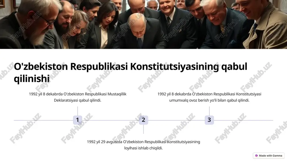 t vositalarini rivojlantirish 2 iqtisodiy islohotlar bozor iqtisodiyotiga o'tish, xususiylashtirish, tadbirkorlikni rivojlantirish 3 ijtimoiy islohotlar ta'lim, sog'liqni saqlash, ijtimoiy himoya sohalarini rivojlantirish 7 konstitutsiya davlat mustaqilligi kafolati huquqiy mustaqillik o'zbekiston o'zining ichki va tashqi siyosatini mustaqil ravishda amalga oshiradi. milliy suverenitet o'zbekiston xalqi o'z taqdirini o'zi belgilaydi. xalqaro munosabatlar o'zbekiston xalqaro huquq normalariga asoslangan holda mustaqil tashqi siyosat olib boradi. 8 konstitutsiya – fuqarolar baxti va farovonligi 1 huquqlar himoyasi inson huquqlarini himoya qilish 2 ijtimoiy adolat ijtimoiy himoya va tenglik 3 iqtisodiy farovonlik ishlash imkoniyatlari, hayot darajasi 9 konstitutsiya – o'zbekiston taraqqiyoti poydewori 10 image-1002-1.png image-1-1.png image-1-2.png image-1003-1.png image-2-1.png image-1004-1.png image-3-1.png image-3-2.png image-3-3.png image-1005-1.png image-1006-1.png image-5-1.png image-5-2.png image-5-3.png image-5-4.png image-1007-1.png image-6-1.png image-1008-1.png image-1009-1.png image-8-1.png image-8-2.png image-8-3.png image-8-4.png image-1010-1.png image-9-1.png image-1011-1.png image-10-1.png