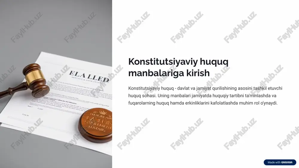i qonunchilikdagi o'rni o'zbekiston respublikasi tomonidan ratifikatsiya qilingan xalqaro shartnomalar milliy qonunchilik tizimining ajralmas qismi hisoblanadi. agar xalqaro shartnoma qoidalari o'zbekiston respublikasining qonun qoidalaridan farq qilsa, xalqaro shartnoma qoidalari qo'llaniladi. bu xalqaro huquq ustunligi prinsipini anglatadi. 7 sud pretsedentlari va konstitutsiyaviy nazorat organlari qarorlari sud pretsedentlari anglo-sakson huquq tizimidan farqli o'laroq, o'zbekistonda sud pretsedentlari rasmiy huquq manbai hisoblanmaydi. ammo, oliy sudning ayrim tushuntirishlari amaliyotda katta ahamiyatga ega bo'lishi mumkin. konstitutsiyaviy sud qarorlari konstitutsiyaviy sudning qarorlari qonunlar va boshqa normativ-huquqiy hujjatlarning konstitutsiyaga muvofiqligini belgilaydi. bu qarorlar yakuniy va ustun yuridik kuchga ega. 8 konstitutsiyaviy huquq manbalari tizimi: o'zaro aloqadorlik konstitutsiya tizimning oliy asosiy manbai konstitutsiyaviy qonunlar konstitutsiyaga muvofiq qoida va printsiplar prezident farmonlari amalga oshirish va boshqaruv hujjatlari hukumat qarorlari ijro etuvchi organ normalari xalqaro shartnomalar hammasiga ta'sir etuvchi tashqi manba yuqorida sanab o'tilgan manbalarning barchasi bir-biri bilan chambarchas bog'liq bo'lib, yagona, uyg'un tizimni tashkil etadi. konstitutsiya ushbu tizimning asosi va …