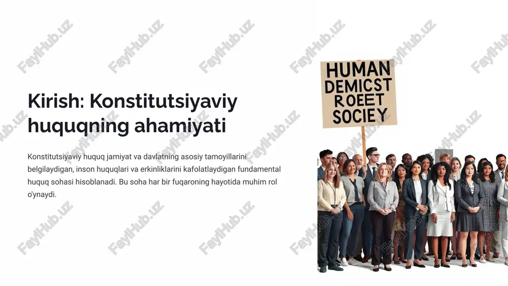chun belgilangan javobgarlik. 8 o'zbekiston konstitutsiyasidagi normalar o'zbekiston respublikasi konstitutsiyasi fuqarolarning huquq va erkinliklarini, davlat hokimiyatining tashkil etilishi va faoliyatini, sud tizimini va boshqa muhim masalalarni o'zida aks ettirgan normalarga boy. "o'zbekiston respublikasining konstitutsiyasi - uning har bir fuqarosi uchun g'urur va sha'n ramzi." 9 xulosa va muhim jihatlar konstitutsiyaviy huquq normalari davlatning huquqiy asosini tashkil etib, jamiyatda adolat va qonuniylikni ta'minlaydi. ularni bilish va amal qilish har bir fuqaroning burchidir. huquqiy poydevor davlatning barqarorligi kafolati. inson huquqlari fuqarolar erkinliklarining himoyasi. adolat tamoyili qonun ustuvorligini ta'minlash. 10 image-1002-1.png image-1-1.png image-1003-1.png image-2-1.png image-1004-1.png image-3-1.png image-3-2.png image-1005-1.png image-1006-1.png image-1007-1.png image-6-1.png image-1008-1.png image-7-1.png image-7-2.png image-7-3.png image-1009-1.png image-8-1.png image-1010-1.png image-9-1.png image-1011-1.png image-10-1.png image-10-2.png image-10-3.png image-10-4.png image-10-5.png image-10-6.png