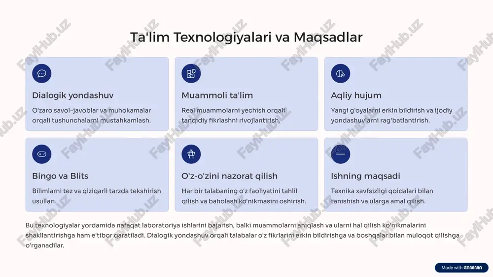 sh har bir ishni bajarishda qo'llanmada ko'rsatilgan tartibga qat'iy amal qiling. 2 tayyorgarlik tajribani boshlashdan oldin barcha asbob va reaktivlarning tayyorligiga ishonch hosil qiling. 3 o'qituvchi ruxsati tajribalarni faqat o'qituvchining ruxsati bilan boshlang. laboratoriyada ishlayotgan har bir talaba va xodim o'z mas'uliyatini to'liq anglab, xavfsizlik qoidalariga so'zsiz rioya etishi shart. bu qoidalar sizning va boshqalarning sog'lig'i hamda xavfsizligini ta'minlashga qaratilgan. har bir tajriba oldidan kerakli ma'lumotlarni o'zlashtirish, ish tartibini bilish va jihozlarning ishlash prinsipini tushunish zarur. 3 tajribalarni kuzatish va natijalarni qayd etish tajribaning borishini diqqat bilan kuzatish va uning barcha tafsilotlarini bilib olish, so'ngra natijalarini laboratoriya ish daftariga aniq va to'liq yozib borish juda muhim. bu ilmiy tadqiqotning ajralmas qismidir. 1 ish bajarilish muddati laboratoriya ishining boshlangan va tugagan sanasi. 2 ishning nomi va nomeri bajarilayotgan tajribaning to'liq nomi va tartib raqami. 3 metodika tajribaning bajarish metodikasi va bosqichlari. 4 kuzatish natijalari eritma rangining o'zgarishi, cho'kma hosil bo'lishi, issiqlik …