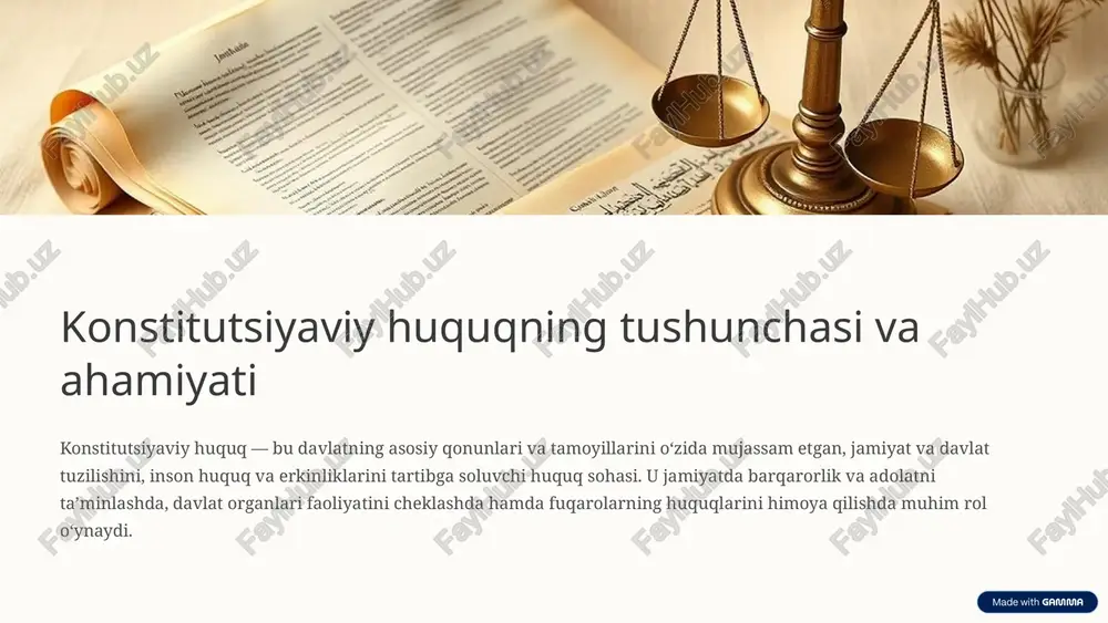 illar va konstitutsiya konstitutsiyaviy huquq, asosan, davlat va huquqning umumiy tamoyillari, inson va fuqarolarning huquq va erkinliklari, davlat tuzilishi, saylov tizimi hamda mahalliy davlat hokimiyati organlari kabi bo'limlarga bo'linadi. har bir bo'lim o'zining alohida institutlariga ega. 5 davlat hokimiyati bo'linishi prinsipi prinsipning mohiyati davlat hokimiyati qonun chiqaruvchi (parlament), ijro etuvchi (hukumat) va sud (sudlar) hokimiyatlariga bo'linadi. bu har bir hokimiyatning o'z vakolat doirasida ishlashini va bir-birini nazorat qilishini ta'minlaydi. nega muhim? hokimiyatning suiiste'mol qilinishini oldini oladi. fuqarolarning huquq va erkinliklarini himoya qiladi. davlat boshqaruvida samaradorlik va barqarorlikni ta'minlaydi. demokratik tamoyillarni mustahkamlaydi. 6 inson va fuqarolarning asosiy huquq va erkinliklari konstitutsiyaviy huquqning eng muhim qismi inson va fuqarolarning daxlsiz huquqlari va erkinliklarini kafolatlaydi. bularga so'z erkinligi, vijdon erkinligi, shaxsiy daxlsizlik, ta'lim olish huquqi, mehnat qilish huquqi va mulk huquqi kabi asosiy huquqlar kiradi. 7 saylov tizimi va referendumlar konstitutsiyaviy huquq xalq hokimiyatini amalga oshirishning asosiy mexanizmlari bo'lgan saylovlar va referendumlarning tartibini …