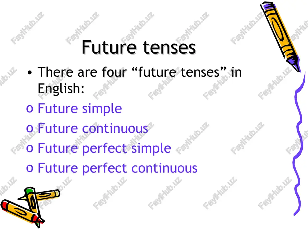 o it’s predicted to be happening in the future) * future perfect simple: uses by next christmas we’ll have been here for 8 years. the builders will have finished the roof by saturday. why are we using the future perfect here? * future perfect simple: use activities that will have (not) finished before a future time * future perfect continuous: use by the end of next month i’ll have been living here for ten years. why are we using the future perfect continuous here? * activities that will have (not) finished before a future time (= future perfect, but there is emphasis on how long the activity will have been going on) by the end of next month i’ll have been living here for ten years. future perfect continuous:use * future tenses there are other verb forms and tenses we use to talk about the future: be going to present …