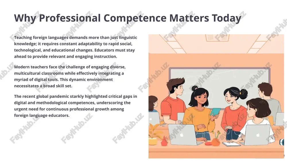 omprehensive competence surveys, effectively bridging the gap between theoretical knowledge and practical application in the classroom. distance learning: challenges and opportunities the rapid shift to distance education has demanded a completely new set of digital and interactive skills from foreign language teachers. effective online teaching now requires mastery of both synchronous (real-time) and asynchronous (flexible) methods, alongside sophisticated digital feedback tools to ensure student engagement and progress. global experiences confirm that while distance learning can personalize education and reach broader audiences, its success heavily relies on well-prepared educators proficient in its unique demands. approaches to professional development theory-to-practice acquiring knowledge from experts through courses and webinars, then applying new pedagogical methods directly in classroom settings. coaching/mentoring gaining invaluable insights, personalized feedback, and strategic guidance from highly experienced colleagues and mentors. reflective practice engaging in critical self-assessment and adapting teaching strategies based on real-world classroom experiences and student outcomes. these intertwined …