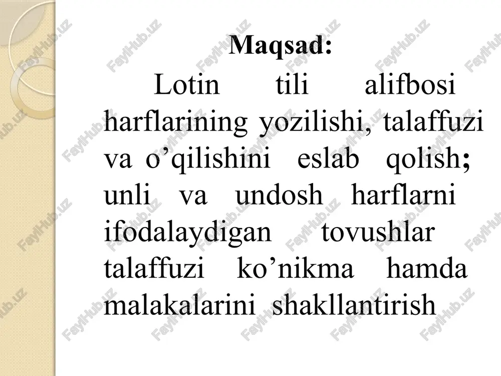 arda uchraydi. “y” unlisi old qo’shimchalarda, o’zak va qo’shimchalarda uchrashi mumkin. buning uchun quyidagi old qo’shimcha, o’zak va qo’shimchalarni esda saqlash kifoya. oxy - hydro - hyper - pyo - hypo - pyr - glyc - syn - yl - myc - dys - myo - oxy - taxir; oxygenium - kislorod hyper - yuqori, hypertonia - qon bosimining ko’tarilishi glyc - shirin; glycyrrhiza - shirinmiya -yl - modda; amylum - kraxmal hypo - past, hypotonia - qon bosimining pasayishi hydro - suv; hydrogenium - vodorod pyo - yiring; pyorrhoea - yiring oqishi myo - mushak; myocardium - yurak mushagi pyr - issiqlik; antipyrinum - haroratni tushiruvchi dori myco - qo’ziqorin; biomycinum - biomitsin dys - kasallik holati yoki a’zo faoliyatining buzilishi; dysuria - qovoqdan siydik chiqishining qiyinlashuvi syn, sym - ulash ; symphysis - qo’shilish poly - ko‘p; polyvitamina -polivitamin undosh harflar va ularning talaffuzi c c–harfi ikki xil …