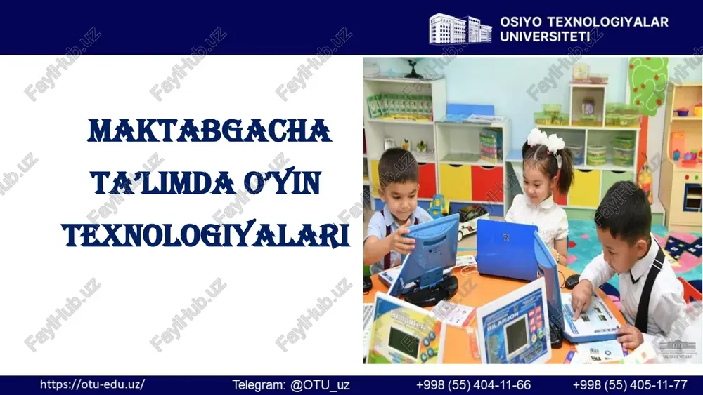 ealarni aks ettirib, turli rollarni bajaradilar (shifokor, o‘qituvchi, ota-ona va h.k.)ahamiyati: ijtimoiylashuv, muloqot, nutq rivoji. didaktik o‘yinlar – maxsus o‘quv maqsadida tashkil etiladi (kartochka o‘yinlari, ranglarni topish, sanash o‘yinlari). ahamiyati: bilim, xotira, tafakkur rivoji. harakatli o‘yinlar – jismoniy mashqlar asosidagi o‘yinlar (to‘p o‘ynash, yugurish, estafeta).ahamiyati: sog‘lomlashtirish, chaqqonlik, kuch va chidamlilikni oshirish. qurilish-yasash o‘yinlari – turli materiallardan obyekt yaratish (lego, kubik, qumda uy qurish)ahamiyati: konstruktiv tafakkur, ijodkorlik, diqqatni rivojlantirish. ijodiy o‘yinlar – badiiy va estetik qobiliyatlarni namoyon qilish (musiqa, raqs, teatr o‘yinlari). ahamiyati: tasavvur, estetik did, ijodiy fikrlash. elektron va zamonaviy o‘yinlar – interaktiv texnologiyalar orqali o‘tkaziladi (multimedia, elektron ta’limiy dasturlar). ahamiyati: zamonaviy texnologiyalarni o‘rganish, mantiqiy tafakkurni rivojlantirish. asosiy xususiyatlari: ta’limiylik – bolalarda bilim, ko‘nikma va malakalarni shakllantiradi (sanash, ranglarni ajratish, shakllarni farqlash va boshqalar). o‘yin orqali o‘rganish – mashg‘ulot jarayoni qiziqarli o‘yin shaklida tashkil etiladi, majburiy emas, tabiiy ravishda bilim beriladi. faollikni oshirishi – bola mashg‘ulotda faol ishtirok etadi, mustaqil …