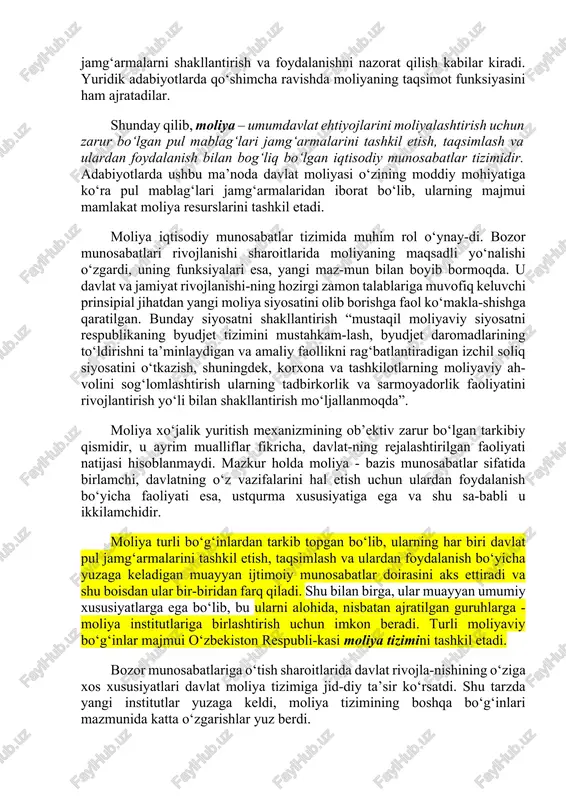 g funksiyalarida to‘liq holda namoyon bo‘ladi. iqtisodiy va yuridik ada-biyotlarda moliya funksiyalarining turlicha tasniflari mavjud. iqtisodiy adabiyotlarda ularga pul mablag‘lari jamg‘armalarini tashkil etish; ulardan foydalanish; ushbu jamg‘armalarni shakllantirish va foydalanishni nazorat qilish kabilar kiradi. yuridik adabiyotlarda qo‘shimcha ravishda moliyaning taqsimot funksiyasini ham ajratadilar. shunday qilib, moliya – umumdavlat ehtiyojlarini moliyalashtirish uchun zarur bo‘lgan pul mablag‘lari jamg‘armalarini tashkil etish, taqsimlash va ulardan foydalanish bilan bog‘liq bo‘lgan iqtisodiy munosabatlar tizimidir. adabiyotlarda ushbu ma’noda davlat moliyasi o‘zining moddiy mohiyatiga ko‘ra pul mablag‘lari jamg‘armalaridan iborat bo‘lib, ularning majmui mamlakat moliya resurslarini tashkil etadi. moliya iqtisodiy munosabatlar tizimida muhim rol o‘ynay-di. bozor munosabatlari rivojlanishi sharoitlarida moliyaning maqsadli yo‘nalishi o‘zgardi, uning funksiyalari esa, yangi maz-mun bilan boyib bormoqda. u davlat va jamiyat rivojlanishi-ning hozirgi zamon talablariga muvofiq keluvchi prinsipial jihatdan yangi moliya siyosatini olib borishga faol ko‘makla-shishga qaratilgan. bunday siyosatni shakllantirish “mustaqil moliyaviy siyosatni respublikaning byudjet tizimini mustahkam-lash, byudjet daromadlarining to‘ldirishni ta’minlaydigan va amaliy faollikni rag‘batlantiradigan …