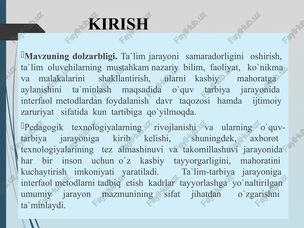 rov bilan suhbatlashadimi, darsda ma’ruza tinglaydimi, radio eshitadimi, kitob, jurnal, gazeta o’qiydimi barcha hollarda ham ma’lumotlar oladi, axborotga ega bo’ladi. informatika o‘qitishning tashkiliy shakllari va didaktik tamoyillari informatika − bu insoniyat faoliyatining bir sohasi bo’lib, u axborotni hosil qilish, saqlash va kompyuter yordamida ularni qayta ishlash, shu bilan bir qatorda tadbiq muhiti bilan o’zaro bog’liq bo’lgan jarayonlarning aloqadorliklarini o’z ichiga oladigan ko’nikma va vositalar tizimidir. informatikadan darslarni tashkil qilish uchun avvalo ushbu fan rivojining hozirgi bosqichida informatikani o‘qitish vazifalarini aniq belgilab olish lozim. shuning bilan birga uzluksiz ta’lim tizimida informatikani o‘qitish konsepsiyasi va davlat ta’iim standartlariga asosan bu vazifalarni informatikani o‘qitishdagi o‘ziga xos tomonlarini tahlil etish lozim. o'quvchilarning informatikani egallashlarida asosiy bilish manbayi bu amaliyotdir. ushbu holat hozirgi jamiyatda har bir kishining hayotida ehm ni amaliyotda qo'llashlari zaruratidan kelib chiqadi. o'quvchilarning dunyoqarashini rivojlantirish, tafakkurini shakllantirish informatika o'qitishda amaliyot va nazariyani to'g'ri uyg'unlashtirish, informatika tarixi bo'yicha ma'lumotlarni, qiziqarlilikni kiritish, nazariya hamda …