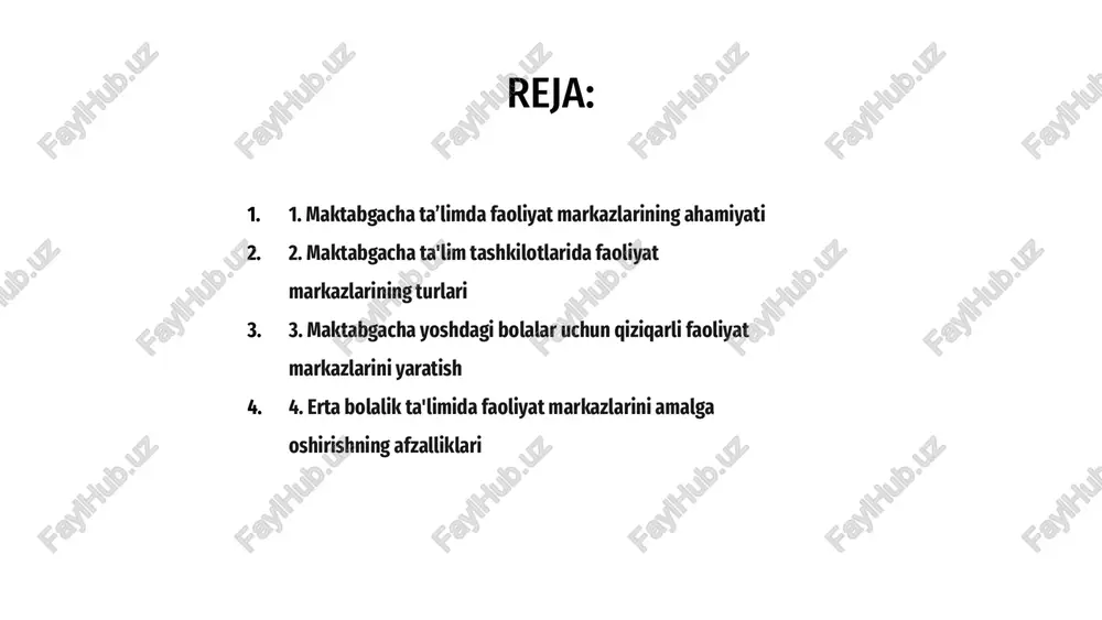 ashf qilish, tajriba qilish va aloqa o'rnatishga yordam beradi. 3. maktabgacha yoshdagi bolalar uchun qiziqarli faoliyat markazlarini yaratish maktabgacha ta'lim tashkilotlarida faoliyat markazlarini tashkil etishda asosiy e'tibor maktabgacha yoshdagi bolalarning qiziqishlari va rivojlanish ehtiyojlarini qondiradigan qiziqarli joylarni yaratishga qaratiladi. jozibador markazlar yosh bolalar o‘rtasida ijodkorlikni, muammolarni hal qilish ko‘nikmalarini va ijtimoiy muloqotni rivojlantiruvchi turli tadbirlarni taklif qilishi kerak. san'at, fan, sensorli o'yin va dramatik o'yin uchun turli sohalarni belgilash orqali maktabgacha yoshdagi bolalar rag'batlantiruvchi muhitda kashf qilishlari, o'rganishlari va zavqlanishlari mumkin. salavha maktabgacha ta'lim tashkilotlarida faoliyat markazlarini joriy etish ko'plab imtiyozlarni beradi. ushbu markazlar bolalarning turli xil ta'lim uslublari va qiziqishlariga javob beradigan amaliy o'rganish tajribasini taqdim etadi. 1 faoliyat markazlarini amalga oshirish orqali erta yoshdagi o'qituvchilar yosh o'quvchilar o'rtasida ijodkorlik, tanqidiy fikrlash, muammolarni hal qilish va hamkorlikni rivojlantirishga yordam beradigan rag'batlantiruvchi muhitni yaratishi mumkin. 3 bundan tashqari, faoliyat markazlari bolalarning tengdoshlari bilan muloqot qilishda va tuzilgan, ammo interaktiv muhitda …