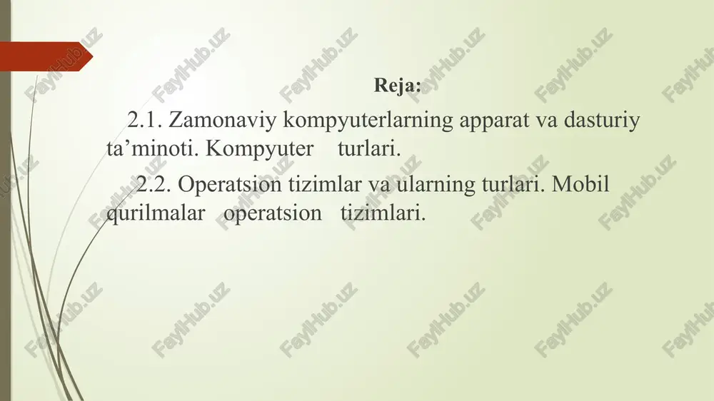 g’ona past. minikompyuterlar (kichik kompyuterlar) hajmi va bajaradigan amallar tezligi jihatidan katta kompyuterlardan kamida bir pog’ona pastdir. shuni aytish joizki, ularning gabariti (hajmi) tobora ixchamlashib, hatto shaxsiy kompyuterdek kichik joyni egallaydiganlari yaratilmoqda. shaxsiy kompyuterlar hozirda korxonalar, muassasalar, oliy o’quv yurtlarida keng tarqalgan bo’lib, ularning aksariyati ibm rusumiga mos kompyuterlardir. shaxsiy kompyuterlar quyidagi asosiy qurilmalardan tashkil topgan: tizim bloki; monitor; klaviatura; sichqoncha. ibm firmasiga taalluqli shaxsiy kompyuterlar, inglizcha ibm pc kompyuterlari atamasida yuritiladi va ular hozirgi kunda eng keng tarqalgandir. qo’shimcha qurilmalar va ularning vazifalari kompyuterning imkoniyatlarini kengaytirish uchun unga tasvirlarni va boshqa hujjatlarni kiritish va qog’ozga chiqaruvchi qurilmalar zarur bo’ladi. qog’ozga chop etish qurilmalari printerlar (ingl. printer– chop qiluvchi) deb ataladi. ularning bir necha xillari bo’lib, ulardan matritsali, siyohli, lazerli turlarini sanab o’tish mumkin. matritsali printerlar sekin chop etadi, chop etilgan matnning sifati juda past, faqat bitta rangda chop etadi va hozirgi kunda mavjud dasturiy vositalarni almashtirish qiyin bo’lgan tashkilotlarda, …