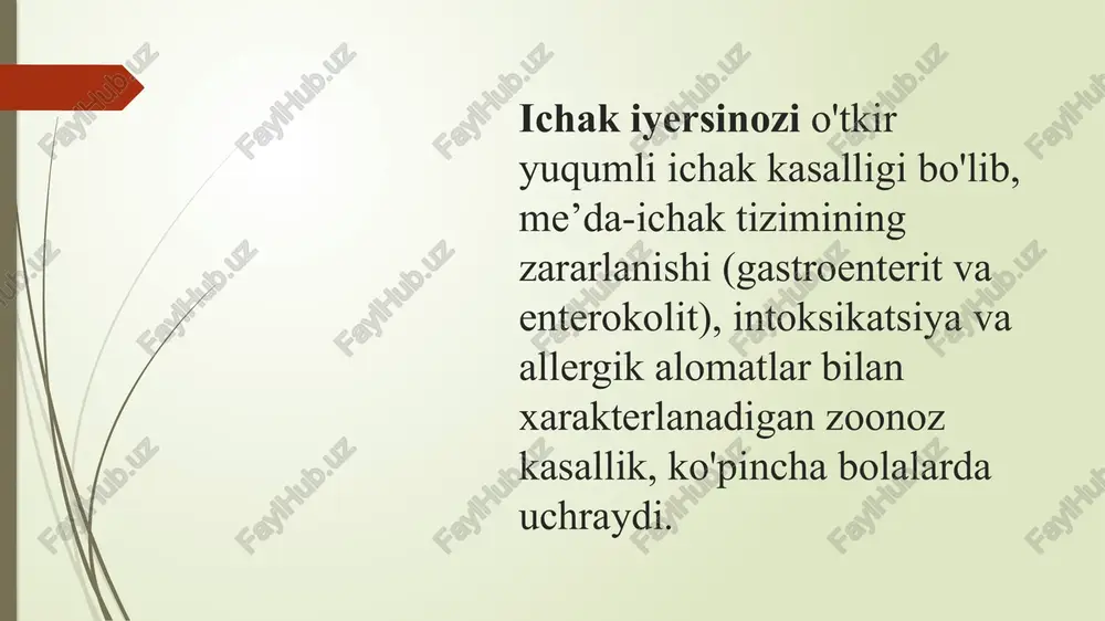 ar y. enterokolitika: o-ag k-ag h-ag (30°c dan past haroratda inkubatsiya qilinganida) tashqi membrana oqsili fagotsitlaydi (barcha 3 patogen tur uchun) oksidaza - katalaza + nitratlarni qaytaradi glyukoza va boshqa uglevodlarni kislotagacha, gazsiz parchalaydi 5 y. enterocolitica biovarlari (1a, 1b, 2, 3, 4, 5) chidamliligi to'g'ridan-to'g'ri quyosh nuri - 30 min isitish 56-58 ° c- 20-40 min 60-80 °c - 5-20 min dezinfektsiyalash vositalariga sezgir qaynatish - bir necha sekuntda o'ladi 4-20 ° s haroratda ular pishloq yuzasida ko'payadi 0-25 ° s haroratda - cho'chqa go'shtida ko'payadi pasterizatsiya qilingan sutda y. enterocolitica:10 ° c da - 120 kundan ortiq saqlanadi 20-22 ° s haroratda - 30-60 kun muzqaymoqlarda - 8 oygacha yersiniozning qo'zg'atuvchisi donorlik qonida ko'payishi mumkin! y.enterocolitica - yovvoyi, uy, qishloq hayvonlari, kamroq - sudraluvchilar, baliqlar, mollyuskalarda kasallik keltirib chiqaradi enteropatogen yersinia suv omborlarida juda kop vaqt saqlanadi y. enterokolitikaning patogenlik omillari infektsiyaning kirish eshigi - oshqozon-ichak trakti hisoblanadi …