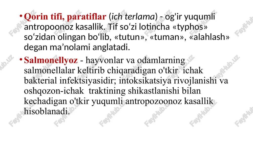 mal 7,2-7,4) da o'sadi. oziq moddalarga talabchan emas. ular oddiy ozuqa muhitida yaxshi o'sadi. suyuq muhitda diffuz quyqa hosil qiladi. go'sht-peptonli agarda koloniyalar ichak tayoqchasiga qaraganda kichikroq, yumshoq, shaffof, qavariq, yaltiroq bo’ladi. endo muhitida – rangsiz, laktozanegativ s - koloniyalar ploskireva muhitida - rangsiz, xira vismut sulfit agarda - qora, metall yaltiroqli koloniyalar hosil qiladi, ular qovuzloq bilan olib tashlanganida iz qoldiradi fermentativ hossalarini aniqlash uchun rappaport-vassiliadis muhiti qo`llaniladi 6 fermentativ xususiyati salmonella typhimurium qisqa «rangli qatorda» bakteriyalar glyukoza(1), mannit (2) va dulsitni (5)ni kislota va gaz hosil qilib parchalaydi. kultural xususiyatlari ksiloza - lizin - deoksixolat agar (xld agar) yorqin(brilliant) yashil agar 8 antigen tuzilishi (kaufman – uayt, 1934 y.) o – somatik n – xivchinli vi-antigen – faqat qorin tifi (salmonella typhi) va paratif a, b, c (salmonella paratyphi) qo`zg`atuvchilarida aniqlanadi, ularnihg virulentligini belgilab beradi, epidemiologik axamiyatga ega. patogenlik omillari salmonellalar endotoksinga ega, shuningdek, s. typhimurium va boshqa …