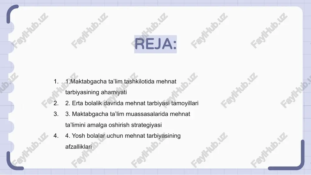 utadi. strategiyalar bolalarga mehnat va jamoaviy ishning ahamiyatini tushunishlariga yordam berish uchun oʻyinga asoslangan taʼlim, interfaol seminarlar va jamoatchilik ishtirokini oʻz ichiga olishi mumkin. maktabgacha ta’lim muassasalari yoshligidan mehnatga ijobiy munosabatni tarbiyalash orqali bolalarning kelajakdagi faoliyatida foydali bo‘ladigan muhim ko‘nikma va qadriyatlarni shakllantirishga yordam beradi. 4. yosh bolalar uchun mehnat tarbiyasining afzalliklari maktabgacha ta'lim muassasalarida mehnat ta'limi kichik yoshdagi bolalarga qimmatli amaliy ko'nikmalar beradi, mas'uliyat va mustaqillik tuyg'usini tarbiyalaydi. amaliy mashg‘ulotlar va topshiriqlar orqali bolalar mehnatsevarlik va matonat muhimligini o‘rganadilar, kelajakdagi muvaffaqiyatlar uchun mustahkam poydevor yaratadilar. bundan tashqari, mehnat ta'limi bolalar o'rtasida jamoaviy ish va hamkorlikni rivojlantirishga yordam beradi, ularning yoshligidan ijtimoiy va hissiy rivojlanishini oshiradi. 5. maktabgacha ta’lim muassasasida mehnat tarbiyasi faoliyatiga ota-onalarni jalb qilish ota-onalarni maktabgacha ta'lim muassasasida mehnat ta'limiga jalb qilish o'rganishni sinfdan tashqarida kengaytirish uchun juda muhimdir. ota-onalarni jalb qilish hamjamiyat va hamkorlik tuyg'usini rivojlantiradi, bolalar va ota-onalar uchun o'rganish tajribasini boyitadi. ishga qabul qilish kuni, …