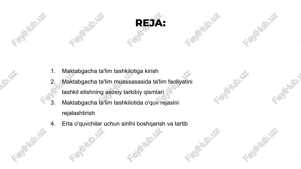 nishi uchun maqsadlarni belgilashni o'z ichiga oladi. 01 02 03 o'quv rejasi yoshga mos bo'lishi va tashkilotning ta'lim maqsadlariga mos kelishi kerak. u maktabgacha yoshdagi bolalar uchun keng qamrovli ta'lim tajribasini ta'minlash uchun tadbirlar, darslar va resurslarni rejalashtirishni o'z ichiga oladi. o'quv dasturini samarali tuzib, o'qituvchilar bolalarning kognitiv, ijtimoiy va hissiy qobiliyatlari kabi turli sohalarda o'sishi va rivojlanishini qo'llab-quvvatlovchi yaxlit ta'lim muhitini yaratishi mumkin. erta o'quvchilar uchun sinfni boshqarish va tartib venus is the second planet from the sun mercury is the closest planet to the sun jupiter is the biggest planet of them all 1 2 3 o'quv faoliyatini tashkil etishda o'qituvchilarning roli maktabgacha ta'lim tashkilotida o'qituvchilar yosh bolalar uchun ta'lim faoliyatini tashkil etishda hal qiluvchi rol o'ynaydi. ular turli xil o'rganish uslublari va qobiliyatlariga mos keladigan qiziqarli dars rejalarini yaratadilar. o'qituvchilar, shuningdek, akademik va ijtimoiy-emotsional ta'limni o'z ichiga olgan har tomonlama o'quv dasturini ta'minlash uchun boshqa xodimlar bilan …