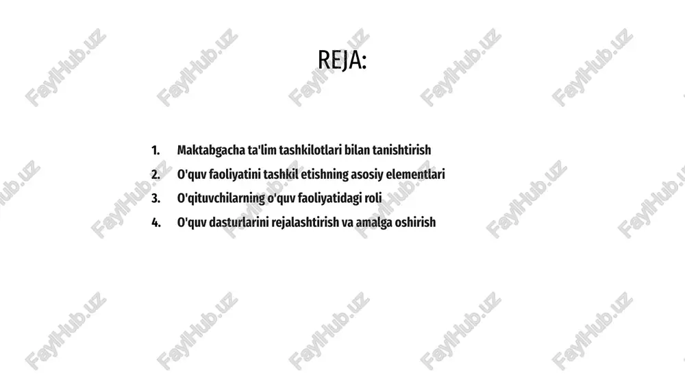 osonlashtiradi va muloqot va ijtimoiylashuv kabi muhim ko'nikmalarni rivojlantiradi. bolalarni turli amaliy mashg'ulotlarga jalb qilish va ularning qiziqishlarini o'rganishga yordam berish orqali o'qituvchilar maktabgacha ta'lim muassasalarida ularning kognitiv, hissiy va ijtimoiy rivojlanishiga katta hissa qo'shadilar. maktabgacha ta'lim tashkilotlarida o'quv faoliyatini tashkil etishda o'quv dasturini rejalashtirish muhim o'rin tutadi. u maqsadlarni belgilash, mazmunni tanlash va o'qitish strategiyasini aniqlashni o'z ichiga oladi. 01 o‘quv-tarbiyaviy tadbirlarning samarali o‘tkazilishini ta’minlashda o‘quv dasturini amalga oshirish muhim ahamiyatga ega. bunga dars ishlanmalarini ishlab chiqish, o‘quvchilarning muvaffaqiyatini baholash va zaruratga qarab o‘qitish usullarini moslashtirish kiradi. 02 umuman olganda, maktabgacha ta'lim muassasalarida ta'lim faoliyatini tashkil etish kichik yoshdagi bolalar uchun mazmunli o'rganish tajribasini osonlashtirish uchun puxta o'quv rejasini rejalashtirish va uni muvaffaqiyatli amalga oshirish bilan bog'liq. 03 o'quv dasturlarini rejalashtirish va amalga oshirish maktabgacha ta'limda baholash va baholash maktabgacha ta'lim muassasalarida o'quv faoliyatini tashkil etish yosh bolalarning har tomonlama rivojlanishi uchun hal qiluvchi ahamiyatga ega. u qiziqarli va …