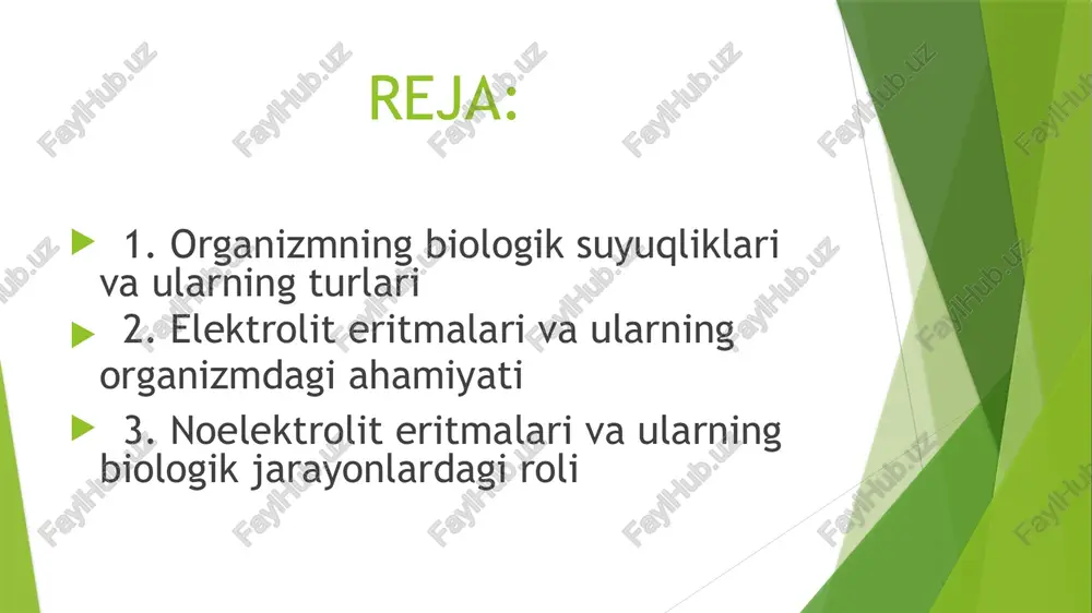 ektrolit eritmalari va ularning organizmdagi ahamiyati elektrolit eritmalari — bu suvda eriganda musbat va manfiy zaryadlangan ionlarga ajraladigan moddalardir. ular organizmning ichki muhitida juda muhim fiziologik rol o‘ynaydi. elektrolitlar asosan tuzlar, kislotalar va ishqorlar bo‘lib, ular organizmda na⁺ (natriy), k⁺ (kaliy), ca²⁺ (kalsiy), mg²⁺ (magniy), cl⁻ (xlorid), hco₃⁻ (gidrokarbonat) kabi ionlar shaklida mavjud bo‘ladi.bu ionlar organizmda suv-tuz muvozanatini saqlaydi, osmotik bosimni barqarorlashtiradi va kislota-ishqor muvozanatini ta’minlaydi. elektrolitlarning to‘g‘ri miqdorda bo‘lishi hujayralarning normal ishlashi, nerv impulslarining uzatilishi va mushaklarning qisqarish jarayonlari uchun zarurdir. masalan: natriy (na⁺) – qon plazmasining asosiy kationi bo‘lib, suv miqdorini tartibga soladi va asab signallarini uzatishda ishtirok etadi. kaliy (k⁺) – hujayra ichidagi asosiy ion bo‘lib, yurak ritmini, nerv impulslarini va mushak qisqarishini boshqaradi. kalsiy (ca²⁺) – suyak va tish tarkibida bo‘lishi bilan birga qon ivish jarayoni va mushak faoliyatida muhim rol o‘ynaydi. xlor (cl⁻) – kislota-ishqor muvozanatini saqlashda yordam beradi va oshqozon shirasi tarkibida tuz kislotasi …
