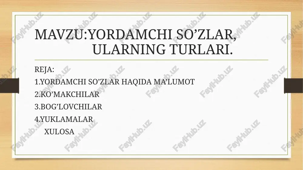 i ma’nolarni yuklovchi so’z va qo’shimchalar yuklamalar 2 ga bo’linadi so’z yuklamalar affiks(qo’shimcha) yuklamalar affiks yuklamalar qanday yozilishiga ko’ra ikkiga bo’linadi: so’zga qo’shib yoziladigan yuklamalar so’zdan chiziqcha bilan ajratib yoziladigan yuklamalar yuklamalarning ma’no turlari so’roq-taajjub yuklamalari:-mi,-chi,-a(-ya). kuchaytiruv-ta’kid yuklamalari:hatto,-ku,-u(-yu),-da,ham,nahotki,axir,g’irt ayiruv-chegaralov yuklamalari:faqat,atigi,xolos,-gina(kina,-qina) o’xshatish-qiyoslash yuklamalari:go’yo,go’yoki,xuddi,naq,misoli,bamisoli,bamisli gumon yuklamasi:-dir inkor yuklamasi:hech,sira,na…na xulosa xulosa qilib aytadigan bo’lsak, gapda yordamchi so’zlarning ahamiyati juda kattadir. yordamchi so’zlarsiz gapning ma’nosi va mazmuni bo’lmaydi.bir so’z bilan aytganda:yordamchi so’zlar mustaqil so’zlarni yoki gaplarni bir-biriga bog’lash, ularning ma’nolariga qo’shimcha ma’no yuklash vazifalarini bajaradi. foydalanilgan adabiyotlar 1.n.erkaboyeva “o’zbek tilidan ma’ruzalar to’plami”toshkent-2017 2.hozirgi o’zbek adabiy tili 1,2,3 kitoblar toshkent-”ilm ziyo” -2015 3.ziyo.net.uz 4.a.rafiyev “ona tili va adabiyot” kasb-hunar kollejlari uchun darslik “sharq” 2002-yil 5.o’zbek tili va adabiyoti jurnali 2005-yil . e’tiboringiz uchun rahmat! image5.png image6.png image3.png image4.png /docprops/thumbnail.jpeg