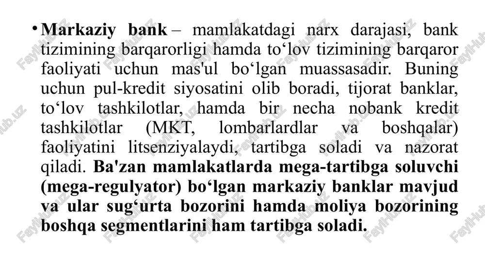 gan. fransiya banki esa 1800-yilda. an'anaga ko‘ra, markaziy bankning 4 ta asosiy vazifasi bor. markaziy bank: mamlakatning emission markazi, ya'ni banknotlar chiqarishning monopol huquqiga ega; banklar banki, ya'ni kompaniya va muassasalar bilan emas, balki asosan ushbu mamlakat banklari bilan operatsiyalarni amalga oshirishi: milliy kredit tizimini zarur standartlash va professionallik darajasini saqlagan holda ularning kassa zaxiralarini qonun bilan belgilangan miqdorda saqlash, ularga kredit berish (oxirgi instansiya kreditori), nazorat qilish; mamlakatning asosiy hisob-kitob markazi. bu degani, boshqa banklar o‘rtasida o‘zaro talablari va majburiyatlarining zachyoti (kliring) asosida naqd pulsiz operatsiyalarini amalga oshirishda vositachi vazifasini bajaradi; tartibga solish funksiyasi - pul muomalasini tartibga solishdir. bunga naqd va naqdsiz pul emissiyasini kamaytirish yoki ko‘paytirish va diskont siyosati, minimal zaxiralar siyosati, ochiq bozor, valyuta siyosati orqali erishiladi. tartibga solish funksiyasi nazorat funksiyasi bilan chambarchas bog‘liq. masalan, minimal zaxira siyosatini o‘tkazishda, markaziy bank muayyan bankning holati haqida keng ma'lumot oladi. nazorat funksiyasiga bankning bank tizimi tarkibining sifat …