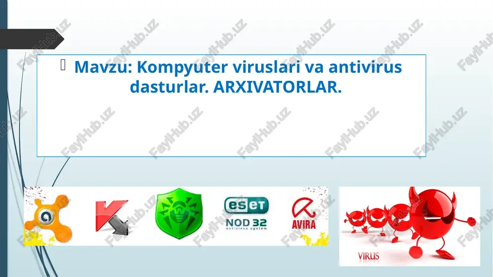 ari va xususiy korxonalarga tegishli axborotlarni o‘g‘irlash va raqobatchi tashkilotlarga sotish yoki ma’lum miqdorda to‘lov talab qilish; jamiyat mafkurasi va ma’naviyatiga zid axborotlarni internetda e’lon qilish viruslar klassifikatsiyasi viruslarni shartli ravishda quyidagi guruhlarga bo‘lish mumkin: fayl viruslari [com, exe va dll ni zararlaydi]; boot-viruslar [disketlarni boshlang‘ich yuklovchi sektorlari (yoki mbr – master boot record) qattiq diskning yuklovchi sohasini zararlaydi]; – makroviruslar; tarmoq viruslari. fayl viruslari kompyuterlarda eng ko‘p tarqalgan viruslardir. ular barcha viruslarning taxminan 80 % ini tashkil etadi. bu toifa kompyuter viruslari juda chidamli bo‘lib, o‘z vaqtida ehtiyot chorasi ko‘rilmasa, haqiqiy epidemiyaga aylanadi. masalan, rce­1813 yoki ierusalem (quddus), black friday (qora juma). makroviruslar – ma’lumotlarni qayta ishlovchi turli tizimlarga (matn muharrirlari, elektron jadvallar) o‘rnatilgan makrotil imkoniyatlaridan foydalanadi. ular, ayniqsa, microsoft word va excel dasturlarida keng tarqalgan. bunday viruslar zararlangan fayllar ishga tushganda faollashadi va shu turdagi fayllar ishga tushsa, ularni ham zararlantiradi. ular nafaqat alohida kompyuterlarni, balki ushbu dasturlar …