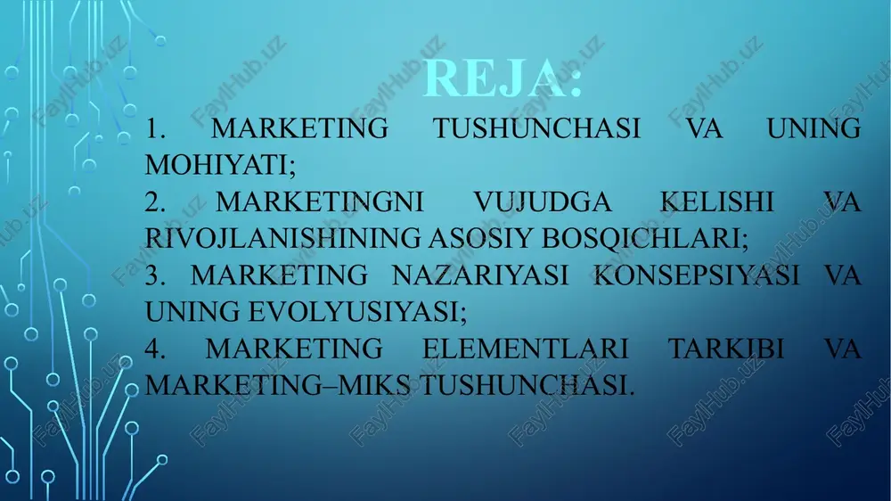 rayondir», «marketing – bu bir vaqtning oʻzida biznes falsafasi va faol jarayondir». igor mann fikricha, “marketingning asosiy vazifasi – bu mijozlarni oʻzlashtirish va ushlab qolishdir. nuqta” deb koʻrsatgan. sharl degol esa, “har doim eng qiyin yoʻlni tanlang – unda siz raqobatchilarni uchratmaysiz” degan fikrni ilgari surgan. zinov davidov esa, “men hech qachon marketing bilan shugʻullanmaganman. men faqat oʻz mijozlarimni yaxshi koʻrganman” degan fikrni bildirgan. a.soliev fikricha, marketing falsafasi talablari shundan iboratki, tadbirkorlik faoliyati yoki biznes hatti – harakatini faqat iste'molchiga qaratish lozim. marketingni asosiy kategoriyalari, uning tushunchasi, mohiyatini aniqlashga imkon beradi. muhtojlik – kishini biron bir narsani etishmasligini his etishidir. ehtiyoj – individ shaxsning madaniy darajasiga asosan maxsus shaklga muhtojlikdir. talab – bu xarid quvvatiga ega boʻlgan ehtiyoj. talab – mavjud, potensial hamda xohish talabiga boʻlinadi. tovar – bu ehtiyojni yoki muhtojlikni qondira oladigan hamda bozorga e'tiborni tortish, sotib olish, ishlatish yoki iste'mol qilish maqsadida taklif etilgan barcha narsalardir. ayirboshlash …