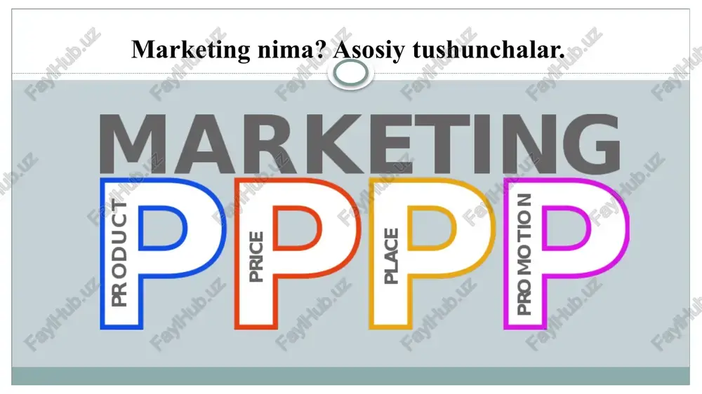 , ayrim shaxslar va tashkilotlarni maqsadlari ayirboshlash yordamida qondiriladi». marketing asosida bozorni har taraflama o'rganish yo'nalishlarining asosiylaridan quyidagilarni ko'rsatib o'tish zarur: • talabni o'rganish; • bozor tarkibini aniqlash; • tovarni o'rganish; • raqobat sharoitlarini tadqiq qilish; • sotish shakli va uslublarini tahlil etish. marketing quyidagilarni o'rgatadi: • bozorni o'rganishni; • uni taqsimlashni; • tovarini joylashtirishni; • marketing siyosatini olib borishni; • tovar siyosatini; • narx siyosatini; • taqsimot siyosatini; • siljitish (yo'naltirish) siyosatini; • yuksalish, qo'shimcha xizmatlarini (plus) - (bunga marka, sotishdan keyingi xizmat, kafolat va texnik yordam, yetkazib berish, assortiment, shaxsiy iste'mol va boshqalarni kiritish mumkin). mutaxassislar marketingning 8 ta asosiy vazifasini koʻrsatib oʻtadilar: rejalashtirish va mahsulotni yaratish; mahsulotning navi va standartlarini belgilash; mahsulot xaridi va uni guruhlashtirish; sotish; omborga joylash; transport xizmati; marketing faoliyatini moliyalash; xatarlar va bozorga oid axborotlar toʻplash. e’tiboringiz uchun rahmat! image3.jpeg image4.png image5.png image6.png image7.jpeg /docprops/thumbnail.jpeg