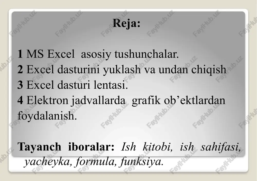 shqa dasturlardan asosiy farqli tomoni, unda formulalar satri deb atalgan satrning mavjuddir. bu satr uch qismdan iborat bo’lib, birinchisi shu satrning chap tomonidagi kichkina qismi ismlar maydoni, o’ng tomonidagi katta qismi formulalar maydoni va o’rtdagi qismi esa formulalar ustasini ishga tushiruvchi fx belgi tasvirili tugmadan tashkil topgan. ismlar maydonida jadval ko’rsatkichi joylashgan katakning manzili yoki nomi ifodalanadi. bu yerda manzil deganda shu katakning ustun va satr nomlari orqali ifodalanishi tushiniladi. nom deganda foydalanuvchi tomonidan biror katak yoki kataklar guruxiga, manzilni ifodalamaydigan ixtiyoriy ism qo’yilishiga aytiladi. son – ishorali yoki ishorasiz butun xamda xaqiqiy sonlar. xaqiqiy sonlar o’nli kasr ko’rinishida kiritilib butun va kasr qismlari orasiga “,” (vergul) belgisi qo’yiladi. ba’zan xaqiqiy sonlar juda katta yoki juda kichik, ya’ni nolga yaqin bo’lishi mumkin, bunday xollarda ularni normallashgan (eksponentsial) xolda tasvirlanadi. masalan: butun sonlar – 0; 1266; -2008; +129 xaqiqiy sonlar – 0,09; -1,205; +255,1; normallashgan xol – 1 000 000 000 …